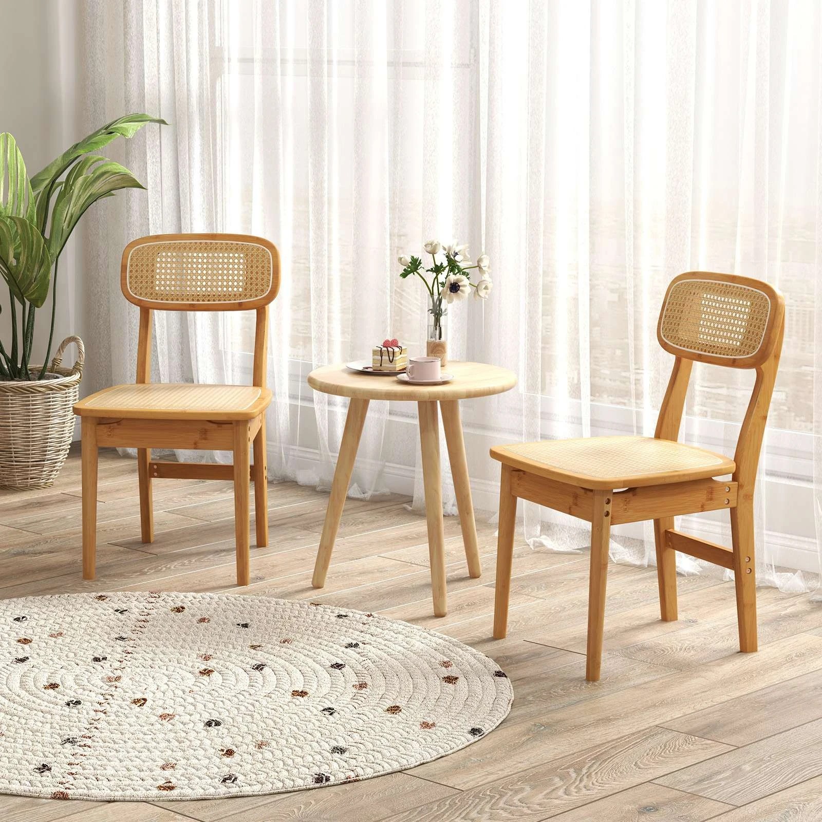 1 Costway 2x Rattan Dining Chairs Bamboo Dining Armless Chair Kitchen Table Seats - Natural, 1 of 4