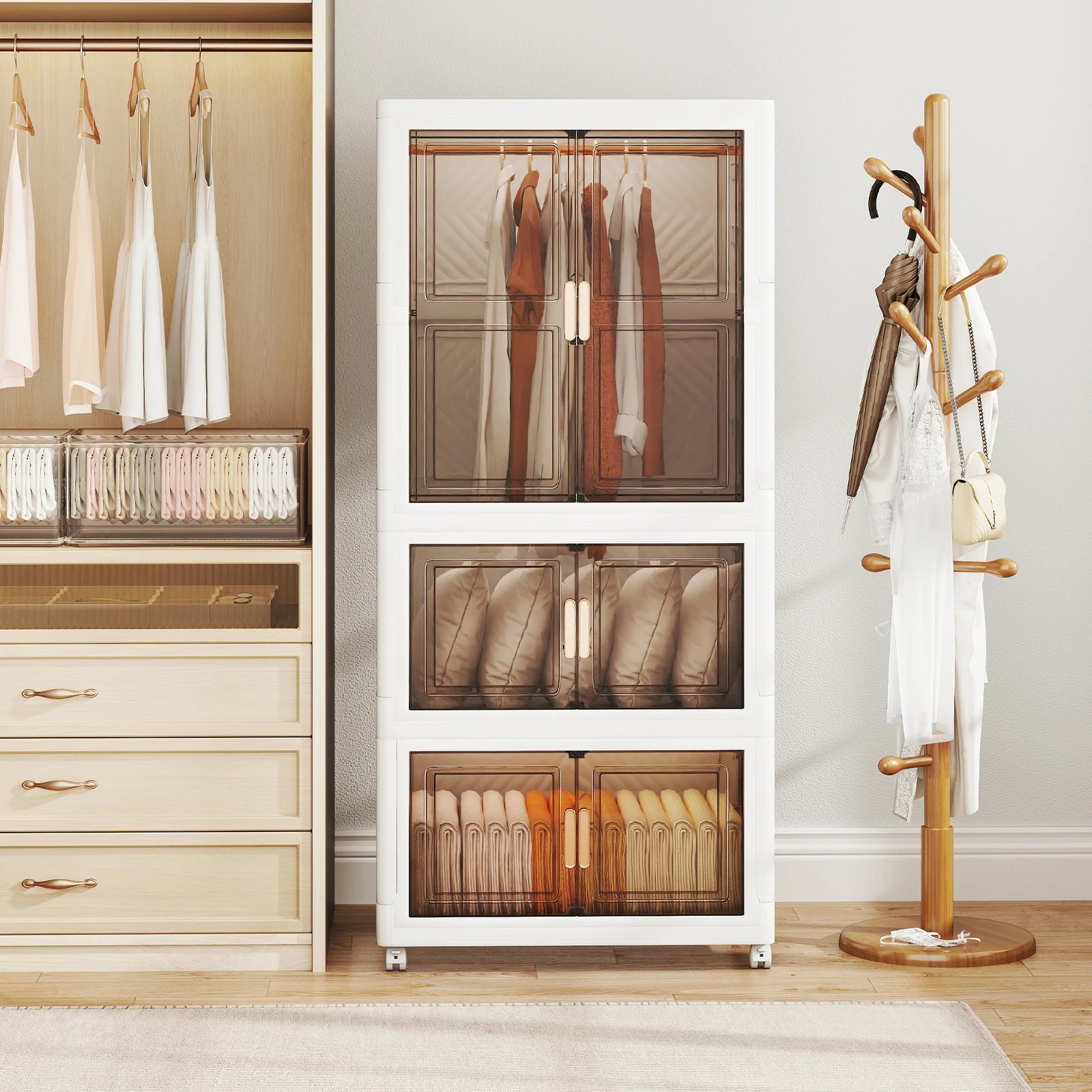 2 Costway 420L Storage Bins Plastic Wardrobe Closet w/Wheels Collapsible Storage Container - White, 2 of 5