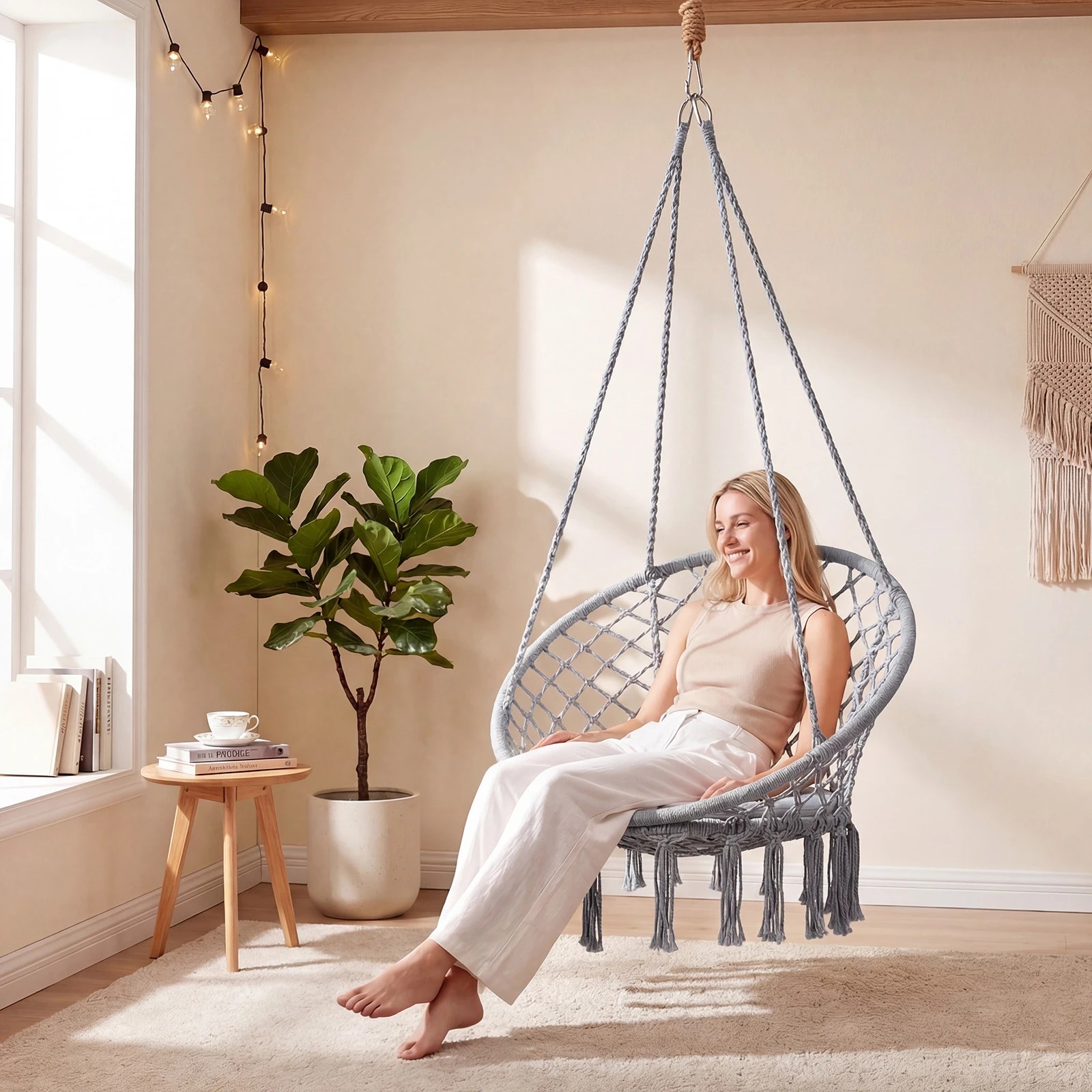 3 Costway Macrame Hammock Chair Boho Rope Hanging Swing Chair - Grey, 3 of 4