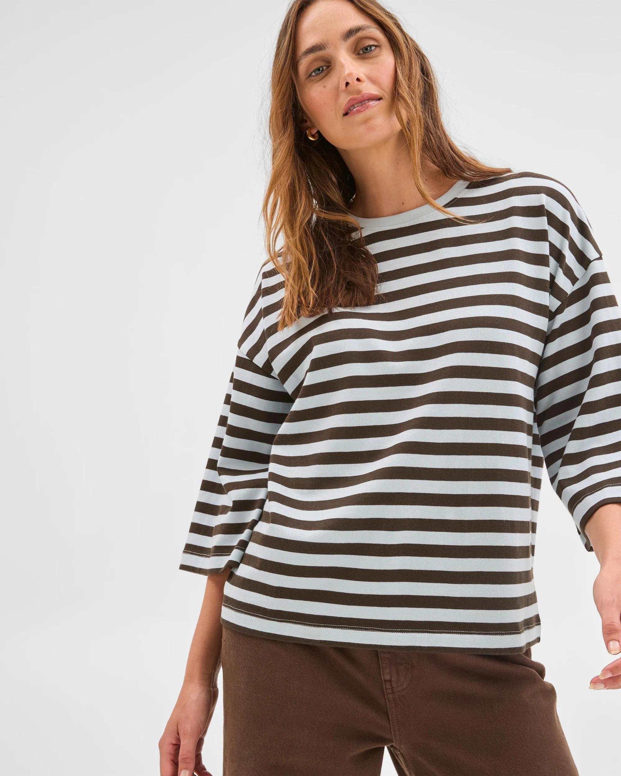 4 Target Woman Australian Cotton 3/4 Length Wide Sleeve Boxy T-Shirt BLACK COFFEE/BLUE MIST, 4 of 6