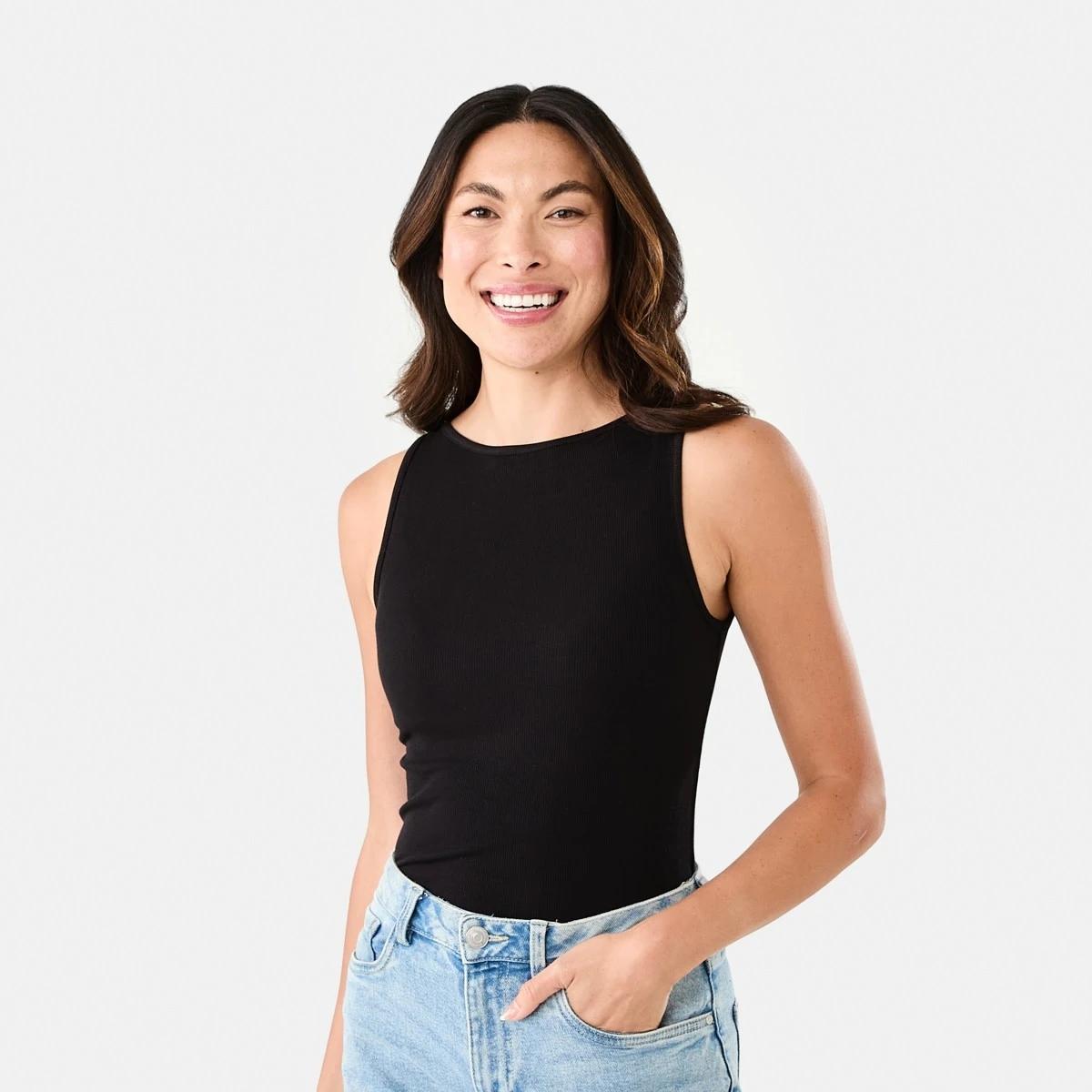 2 Sleeveless Rib Boat Neck Top Black, 2 of 7
