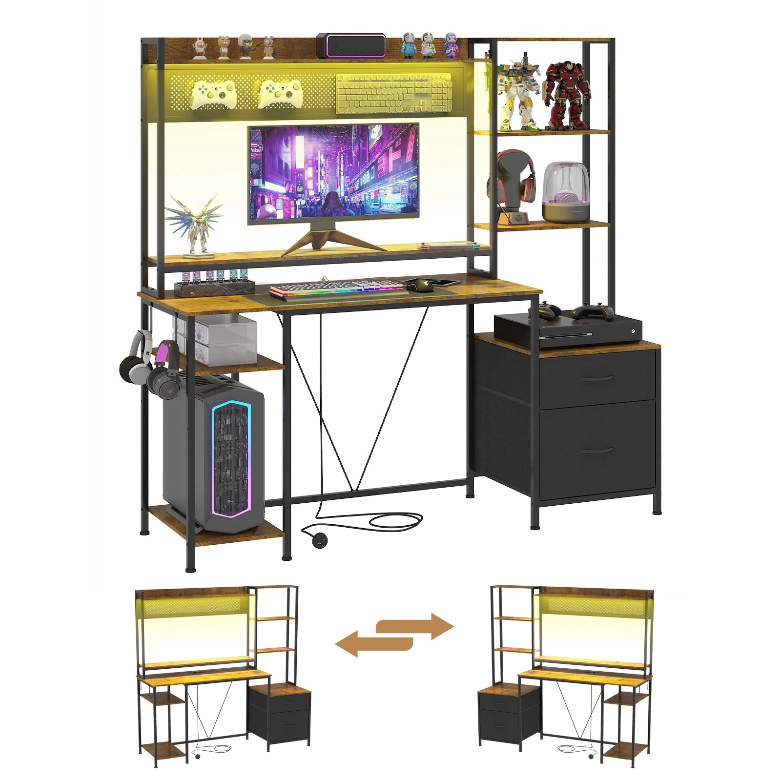 8 Advwin 165cm Reversible  Gaming Desk with LED Lights & Power Outlets - Brown, 8 of 10