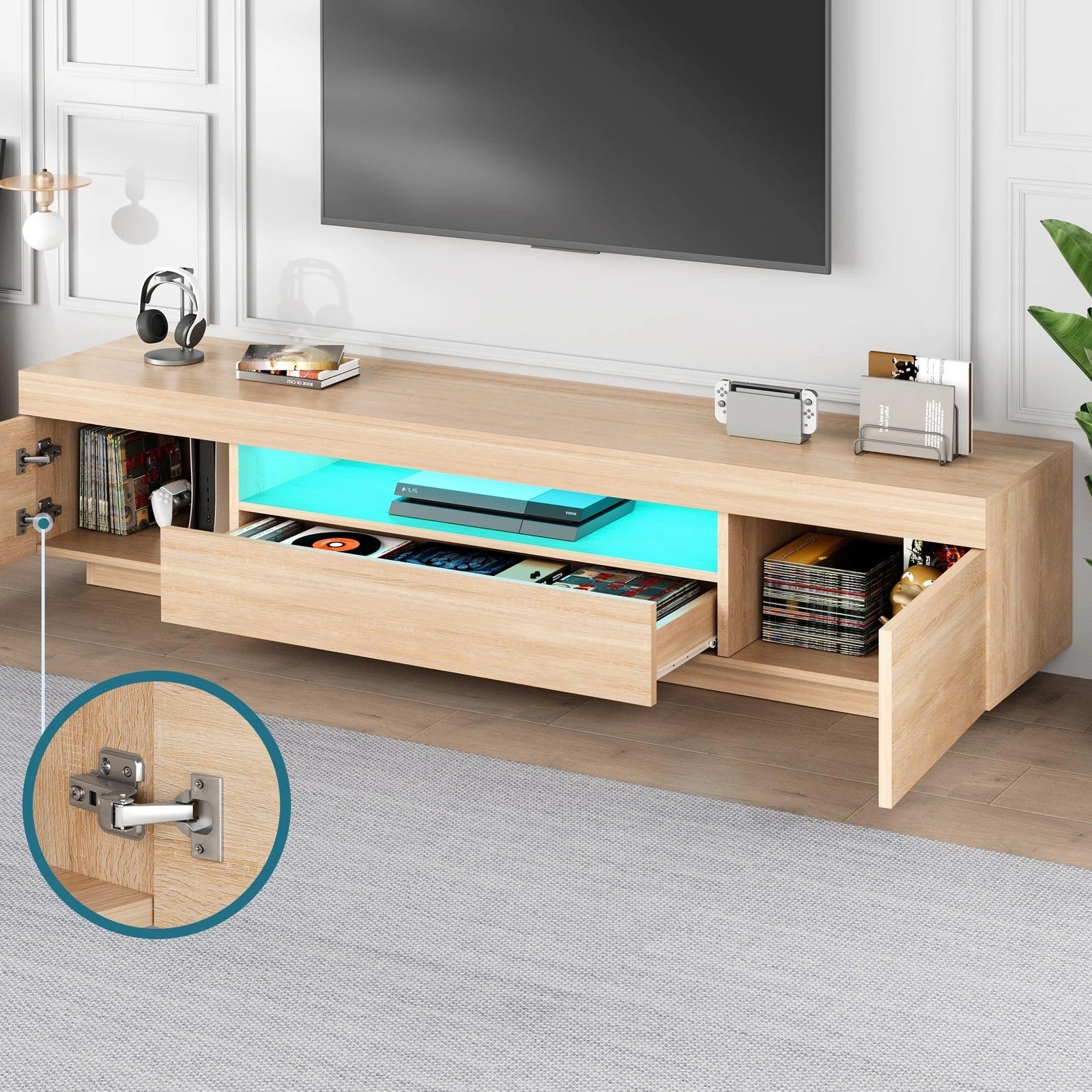 7 Alfordson Entertainment Unit 180cm TV Cabinet Stand Storage LED Light - Oak, 7 of 10