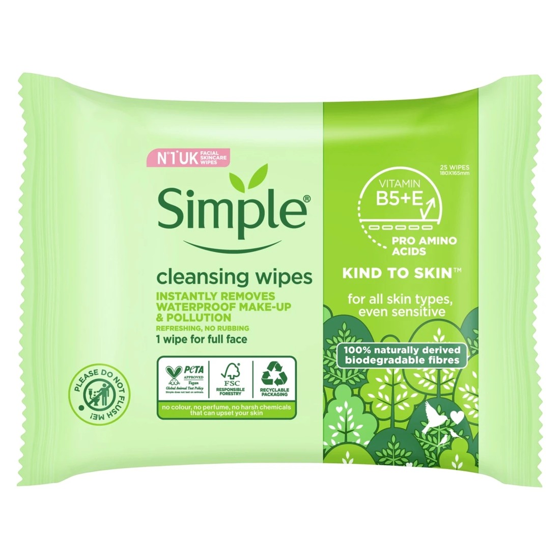1 25 Pack Simple Kind to Skin Biodegradable Cleansing Wipes - Vitamin B5, Vitamin E and Pro Amino Acids, 1 of 9