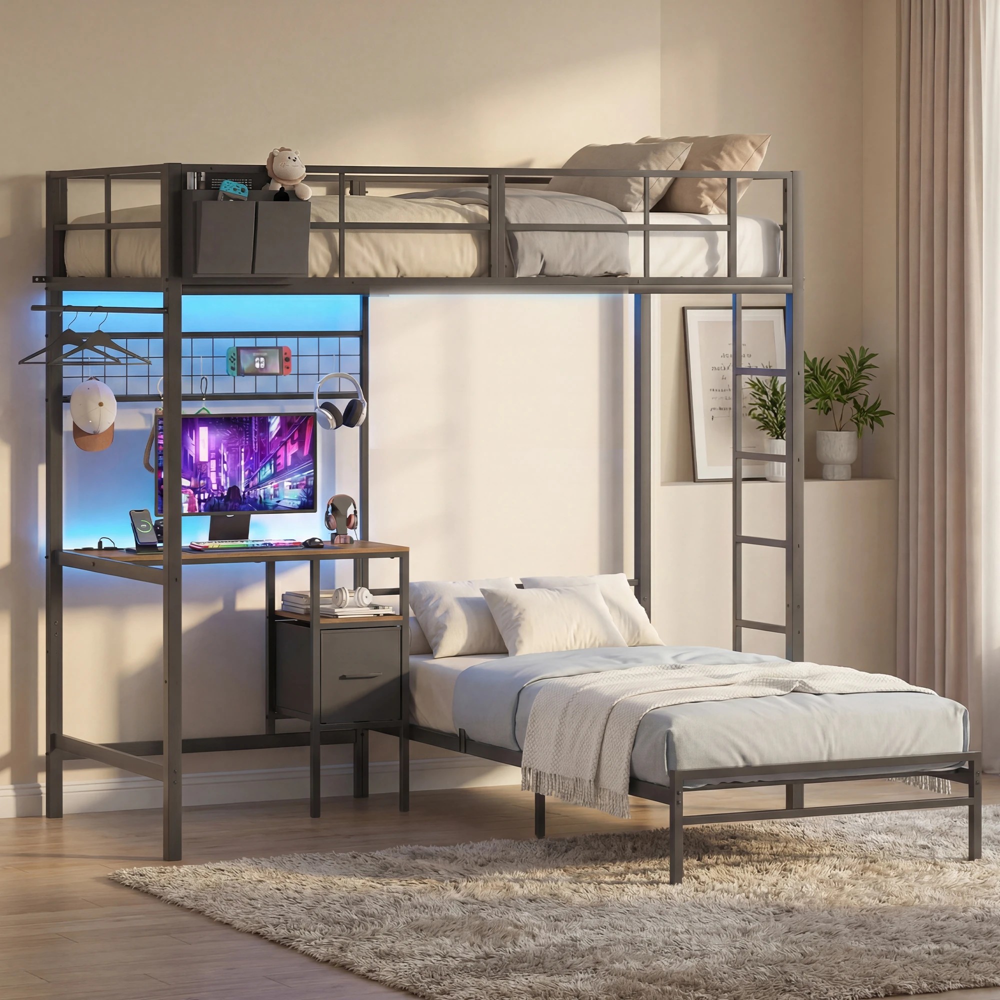 7 Advwin L-Shaped Bunk Bed with Desk Charging Station LED Light King Single - Black, 7 of 8