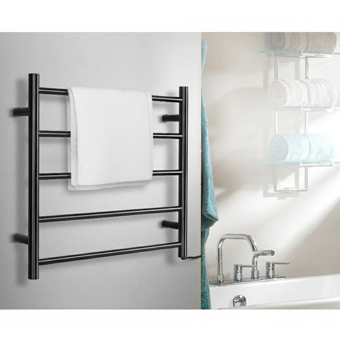 4 Devanti Electric Heated Towel Rail Rack 5 Bars Wall Mounted Clothes Dry - Black, 4 of 7