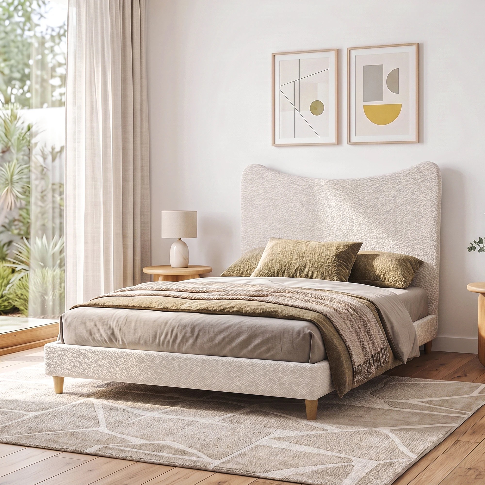 1 Artiss Bed Frame with Boucle Headboard, 300kg Capacity - Double Bed - Beige, 1 of 10