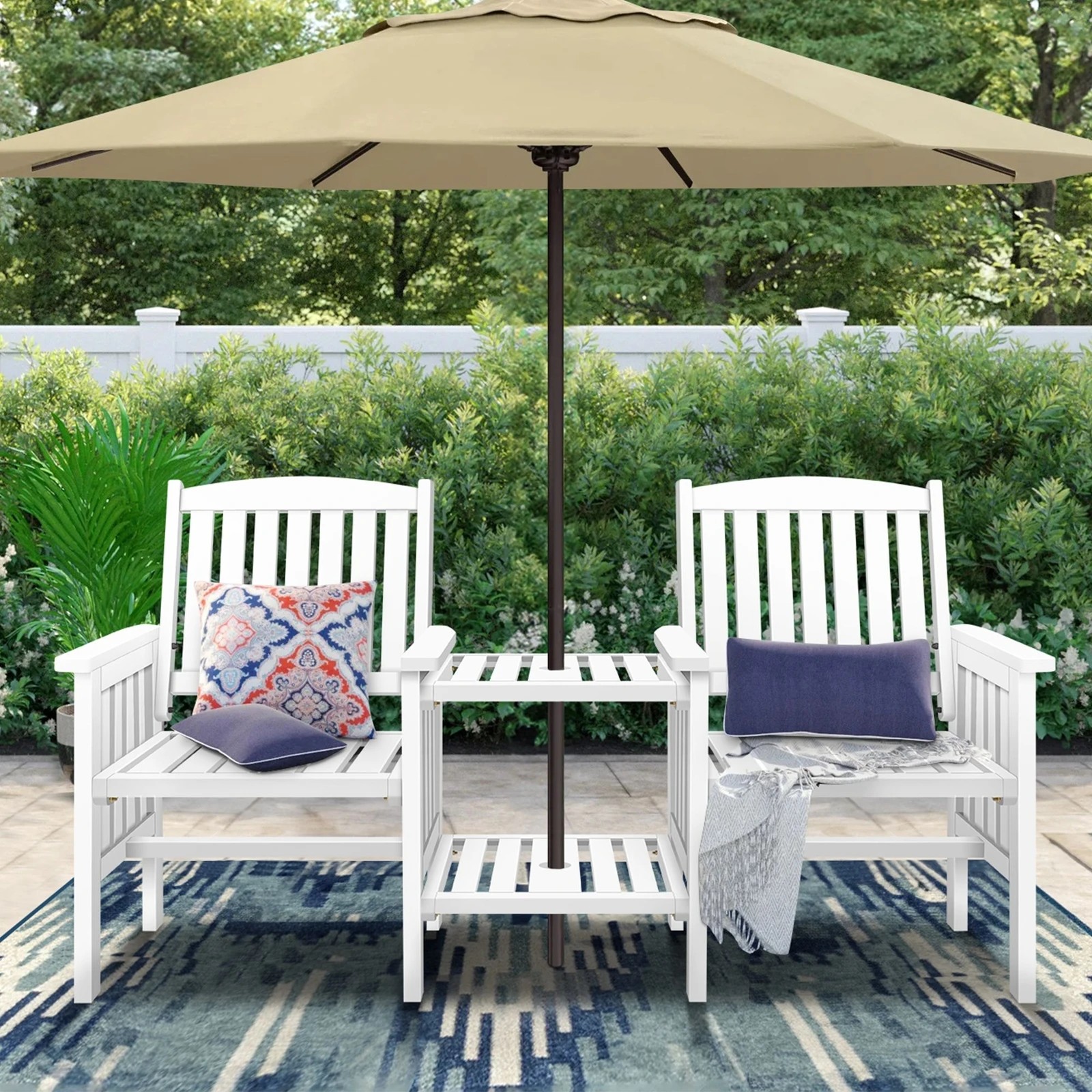 4 Alfordson Outdoor Garden Bench Wooden Loveseat Patio Chairs Table Set - White, 4 of 10