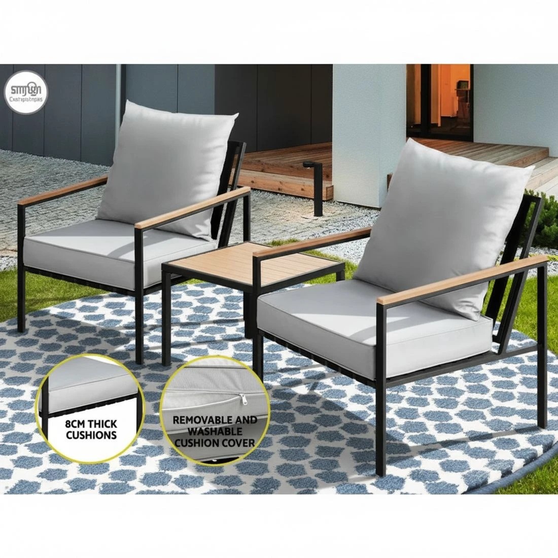 5 Gardeon 3PC Outdoor Furniture Bistro Set Lounge Setting Chairs Table Patio - Black, 5 of 6