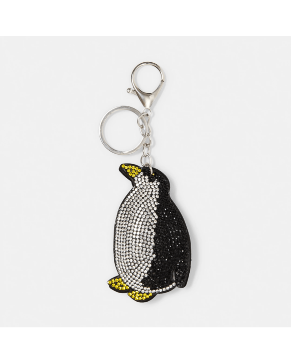 Sparkly Penguin Charm Keyring - Black, White, Yellow and Silver Tone