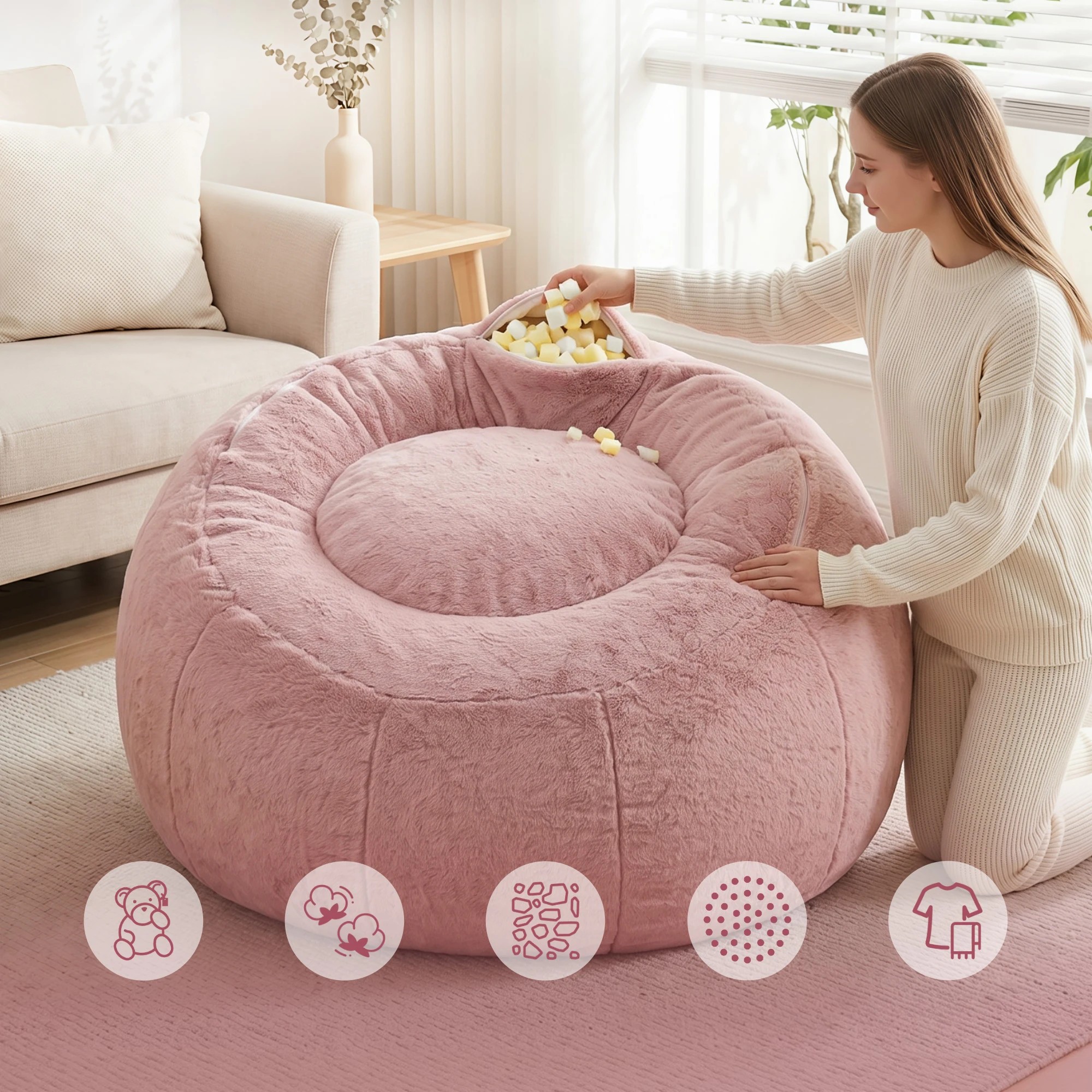 5 Artiss Bean Bag Chair Cover Faux Fur No Filler Washable Lazy Sofa Cover - Pink, 5 of 10