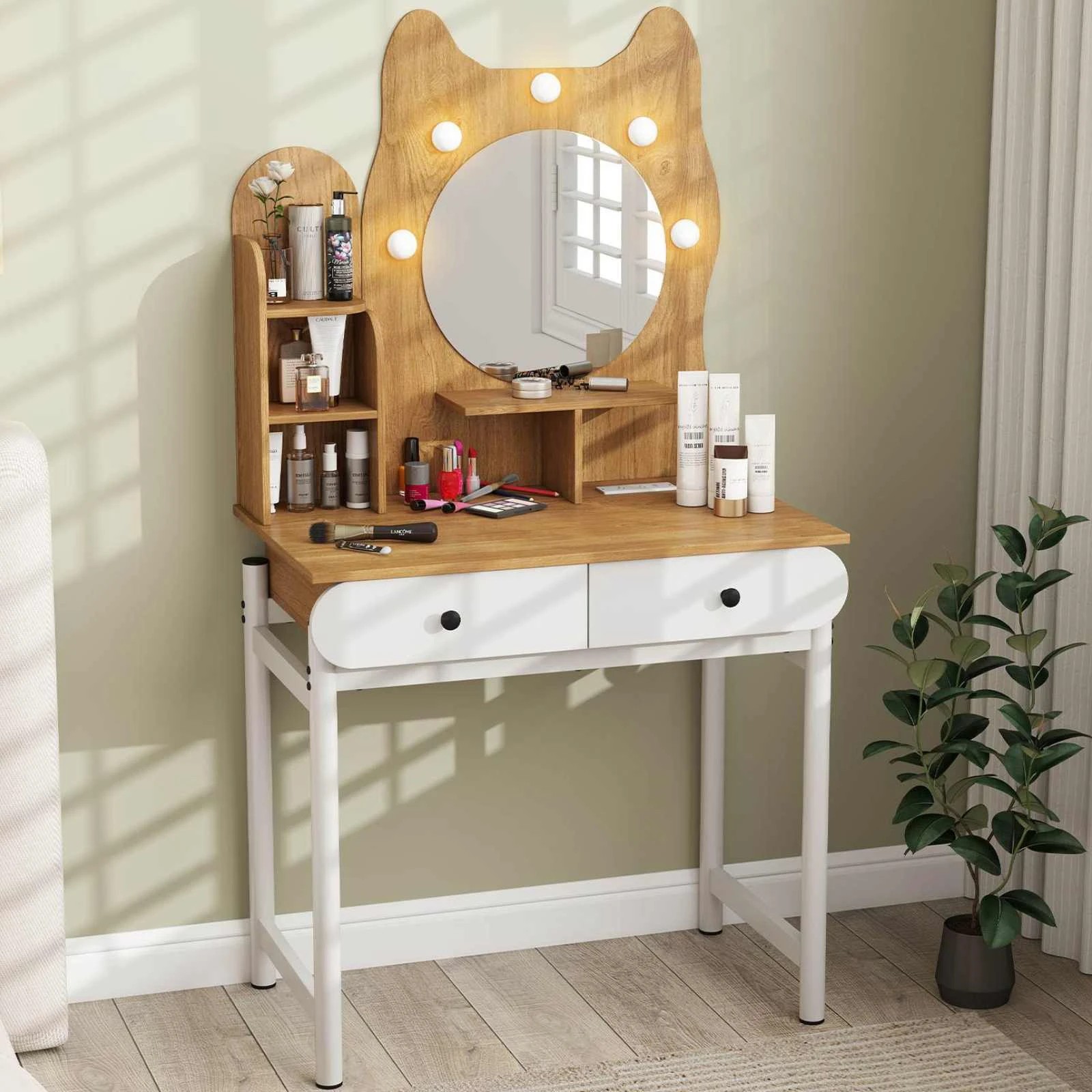 3 Costway Kitty-shaped Dressing Tables LED Lights w/Charging Station, 3 of 4