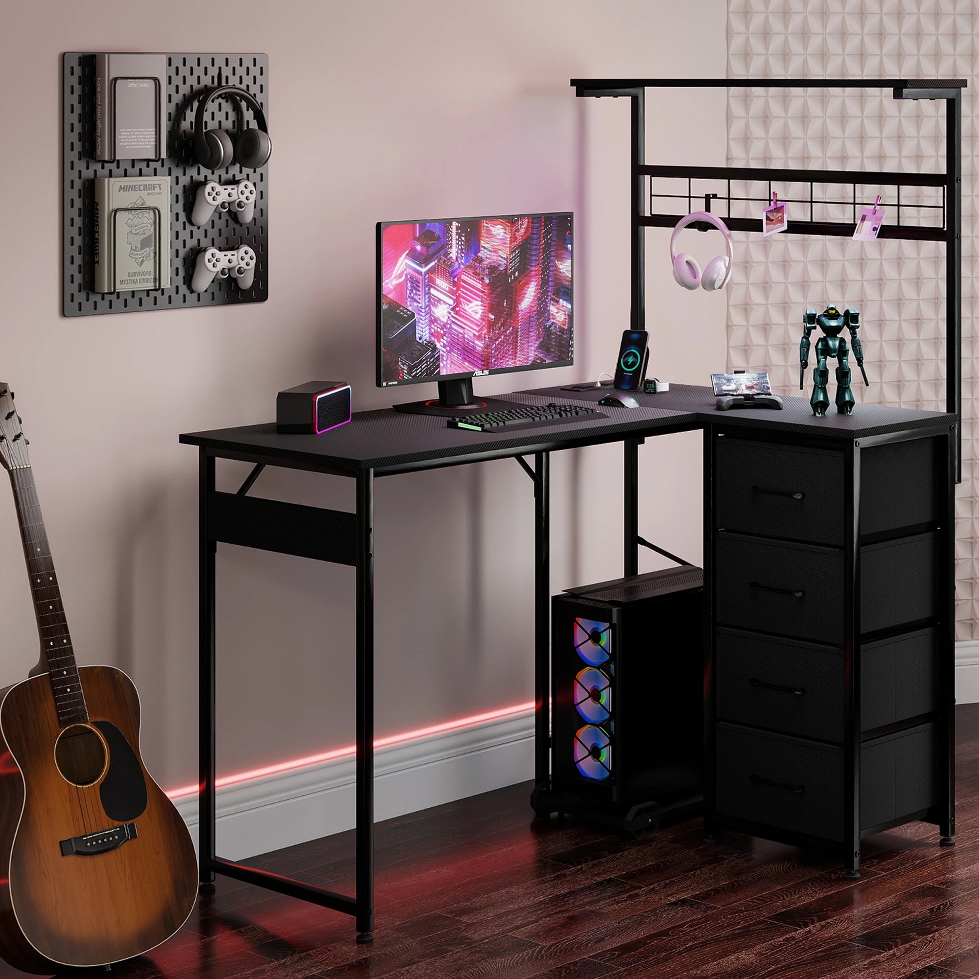 8 Levede  L-shaped Computer Desk with Drawers - Black, 8 of 9