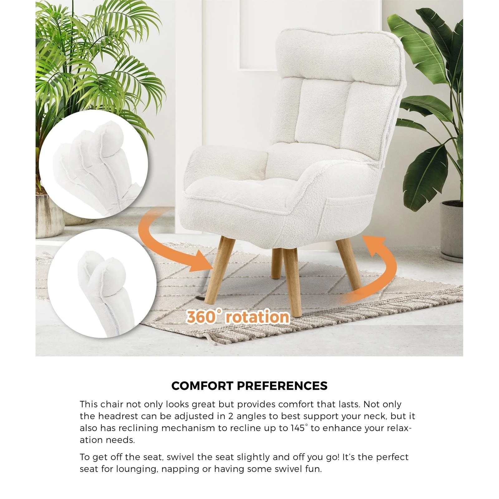 5 Oikiture 2X 360 Swivel Recliner Armchair Lounge Ottoman Chair With Stool Sherpa - White, 5 of 10