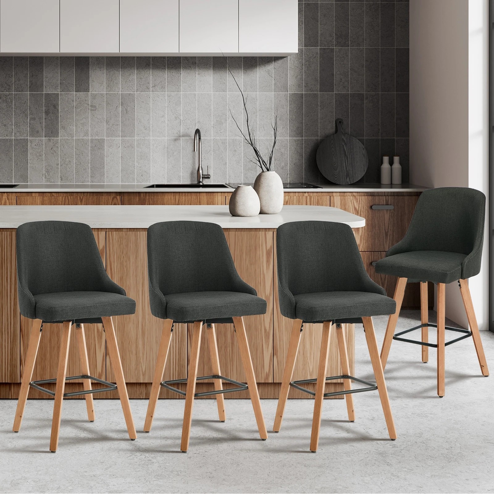 3 Oikiture 4x Bar Stools Swivel Wooden - Grey, 3 of 8