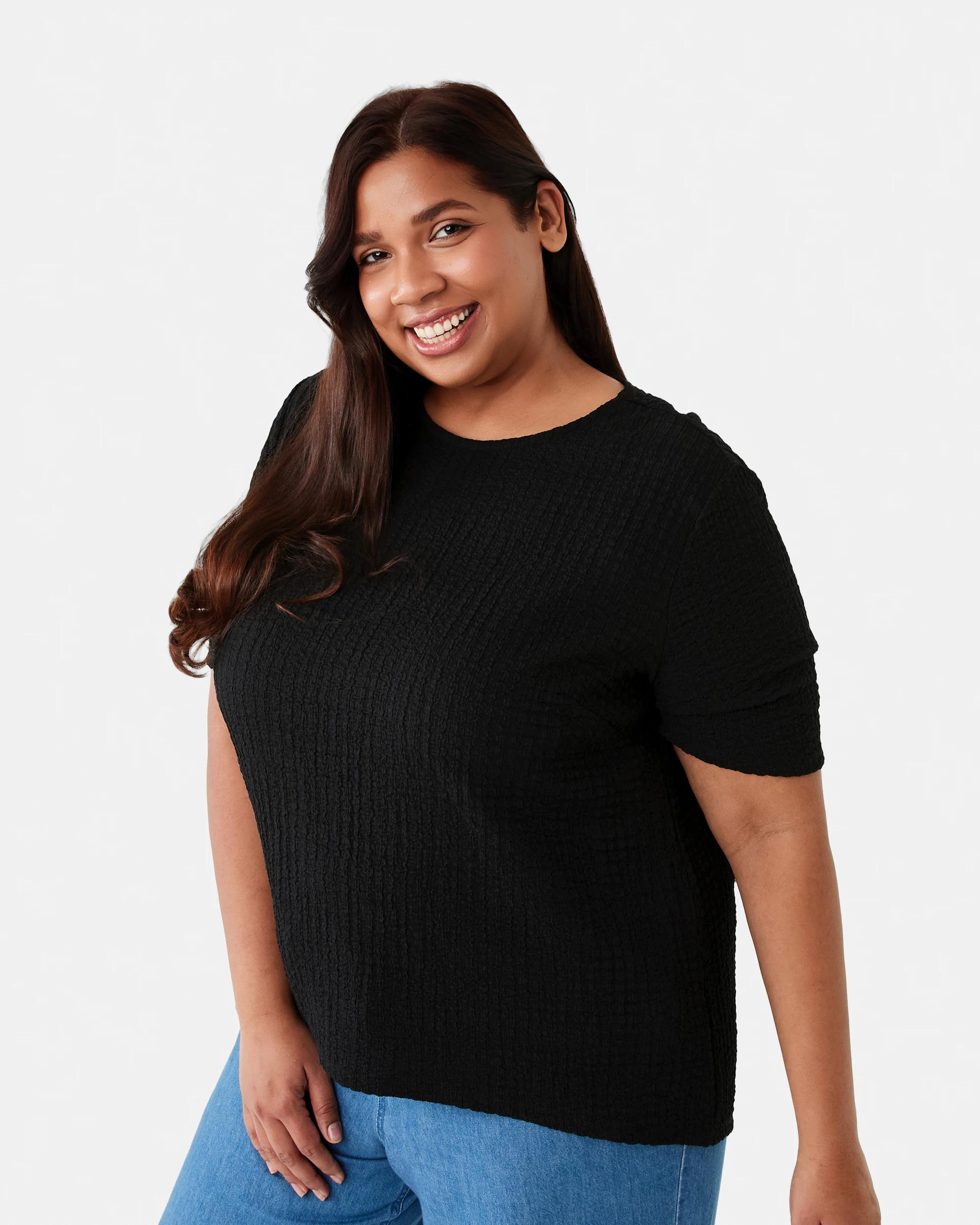 2 Curve Short Sleeve Textured Top Black, 2 of 7