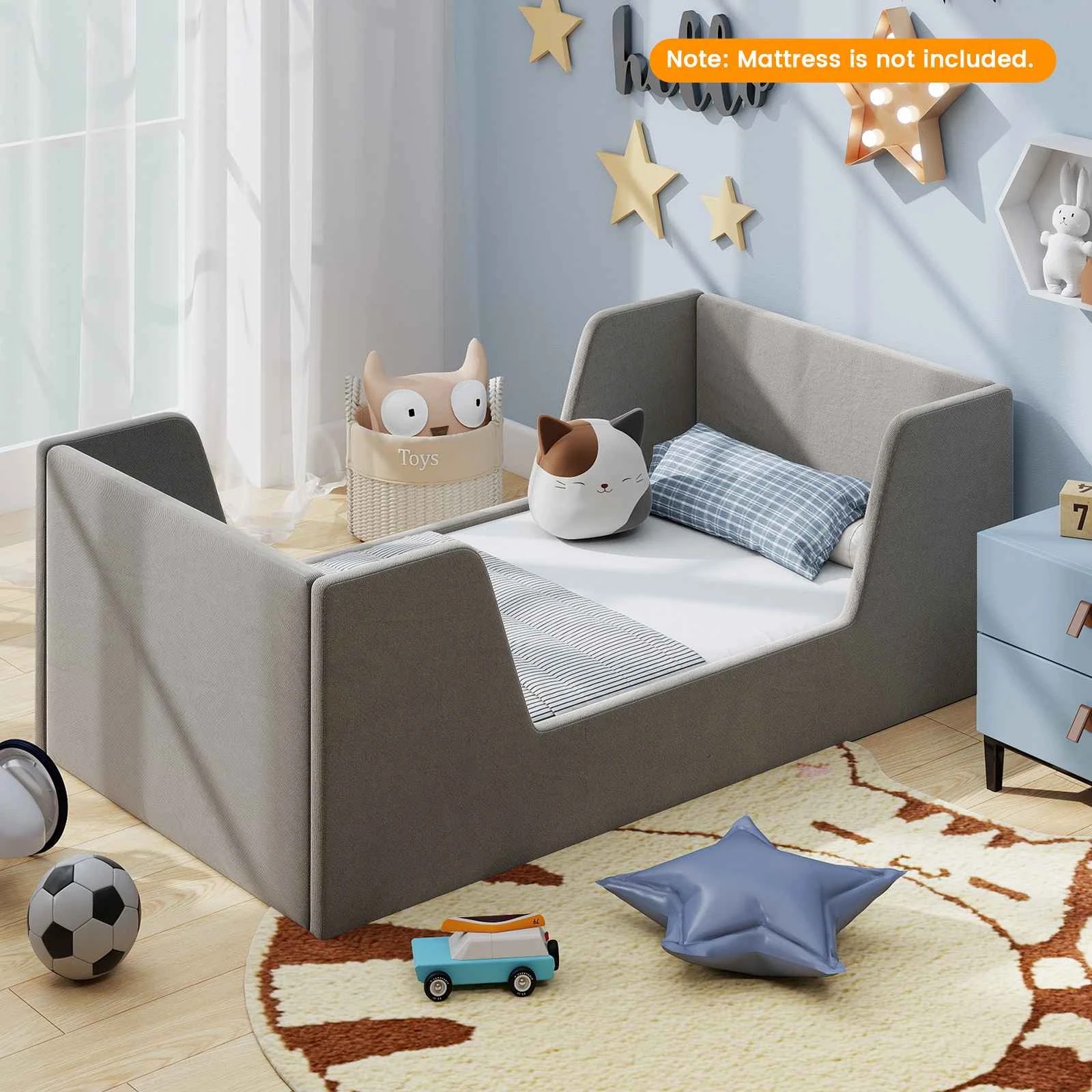 2 Costway Kids Bed Frame Velvet Upholstered Floor Bed Platform - Grey, 2 of 2