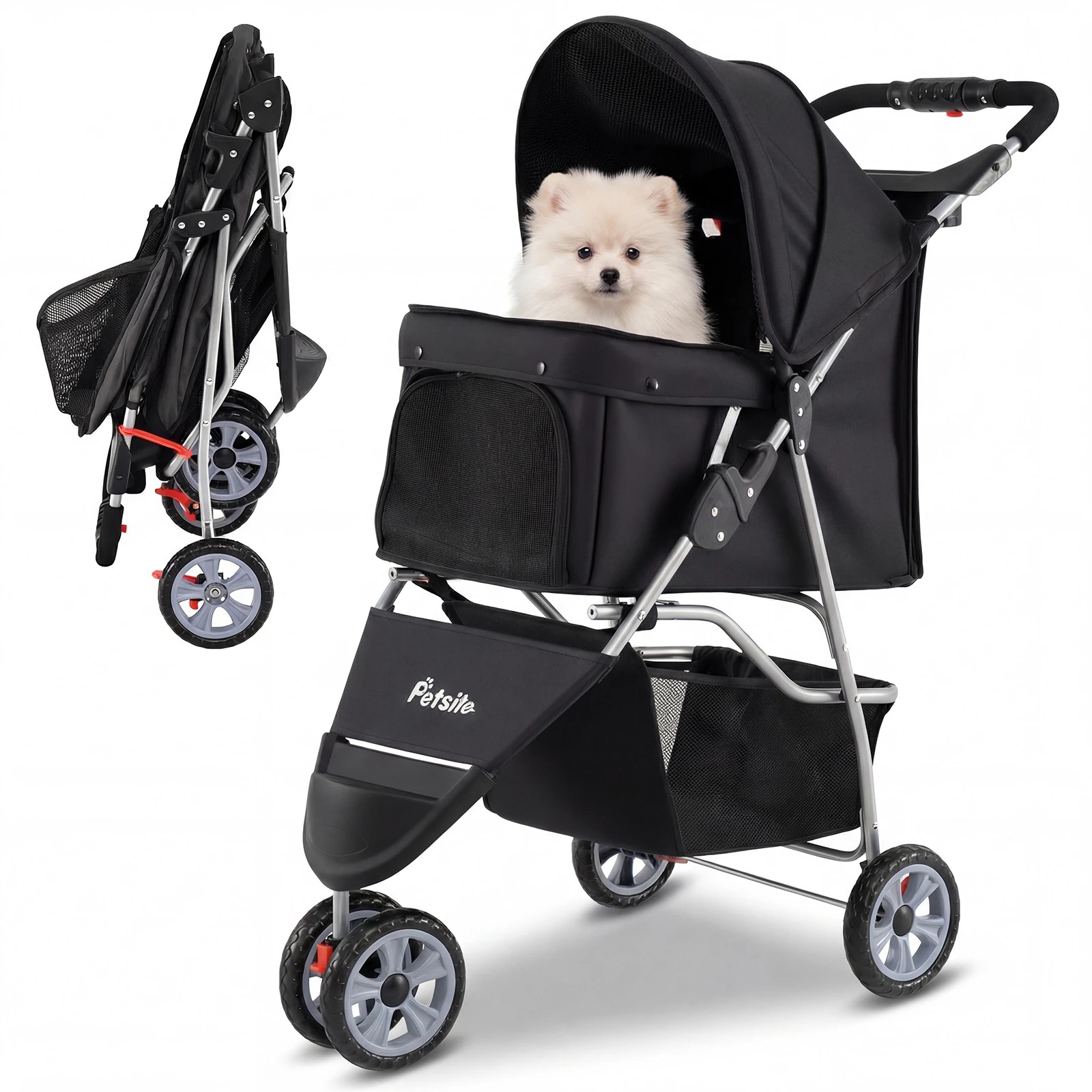 5 Costway 3-Wheel Pet Stroller Foldable Dog Cat Travel Cart w/Storage Basket - Black, 5 of 5