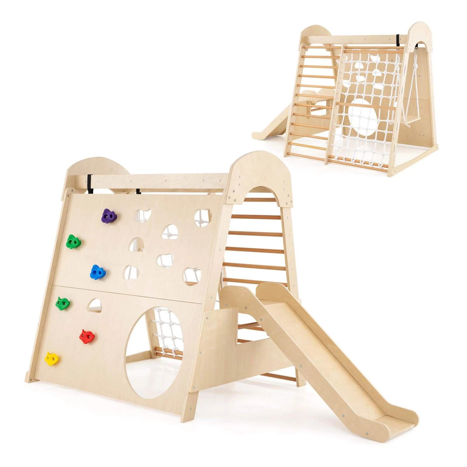 1 Costway Climb Playset 8-in-1 Indoor Wooden Climbing Wall Swing Slide, 1 of 6