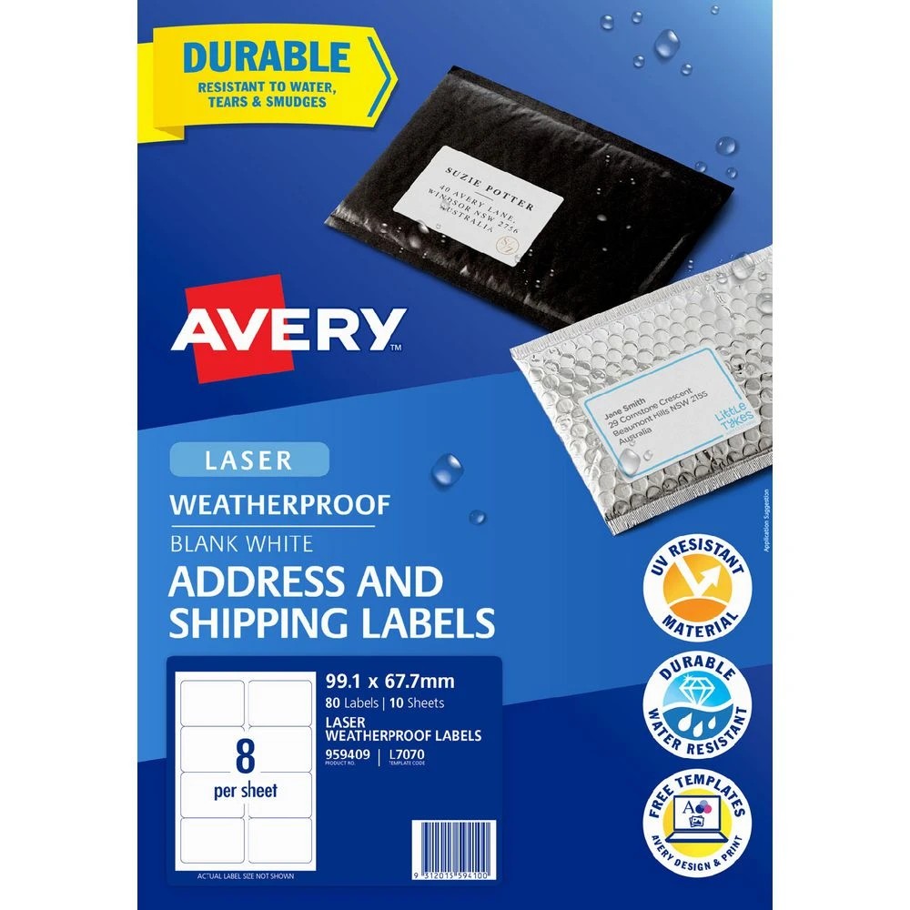 2 Avery 8UP Laser Weatherproof Shipping Labels White 10 Sheets, 2 of 3