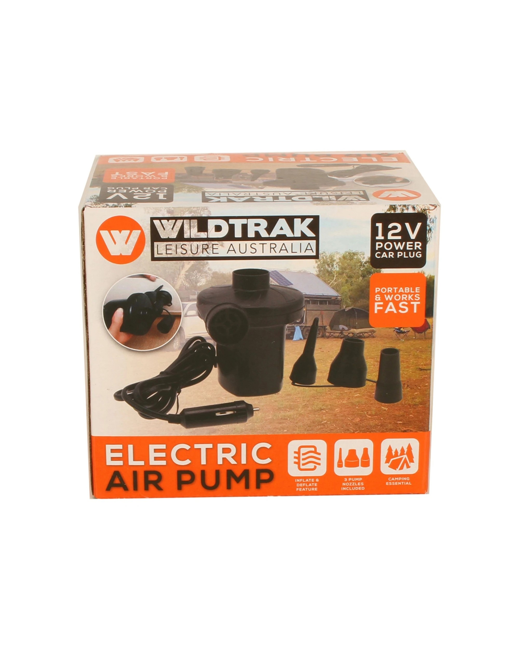 2 Wildtrak Electric Air Pump 12V Car Plug Inflate And Deflate With 3 Nozzles - Black, 2 of 4