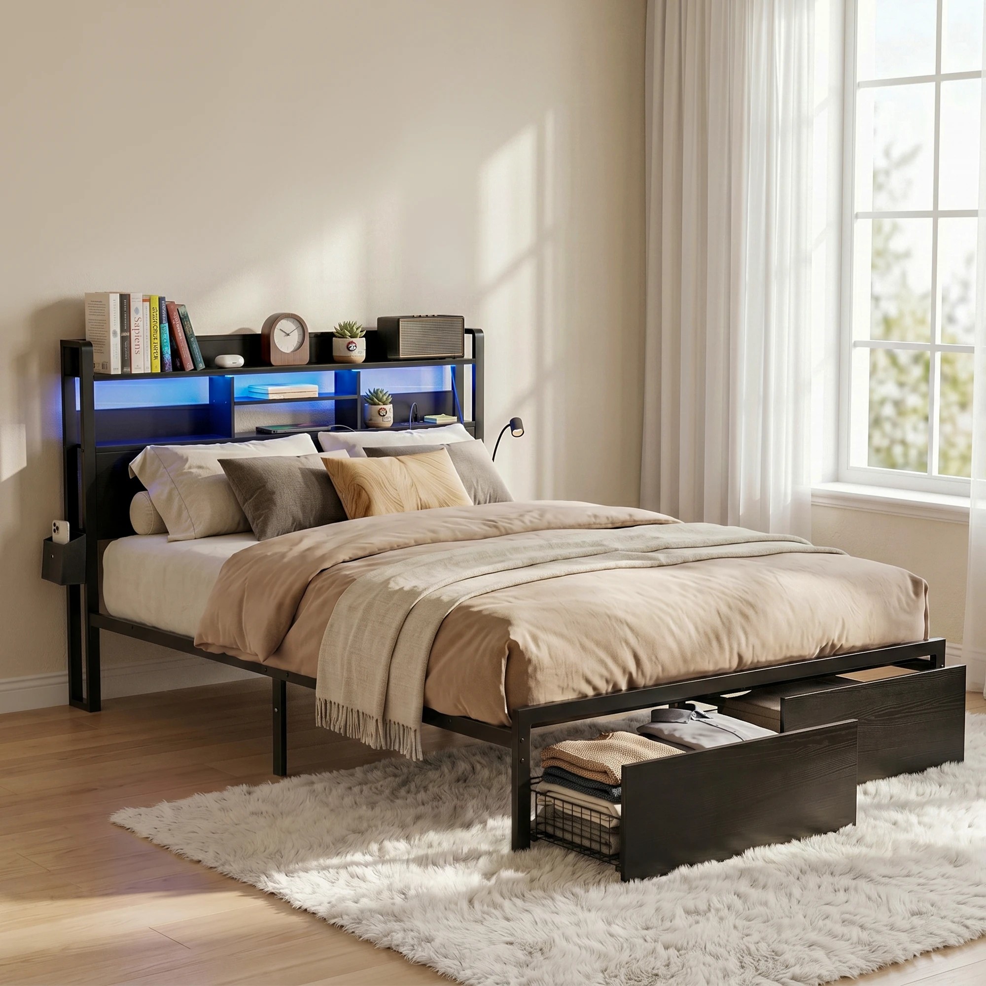8 Artiss Bed Frame Queen with Charging Station Storage Organizer Drawers LED ZAC - Black, 8 of 8