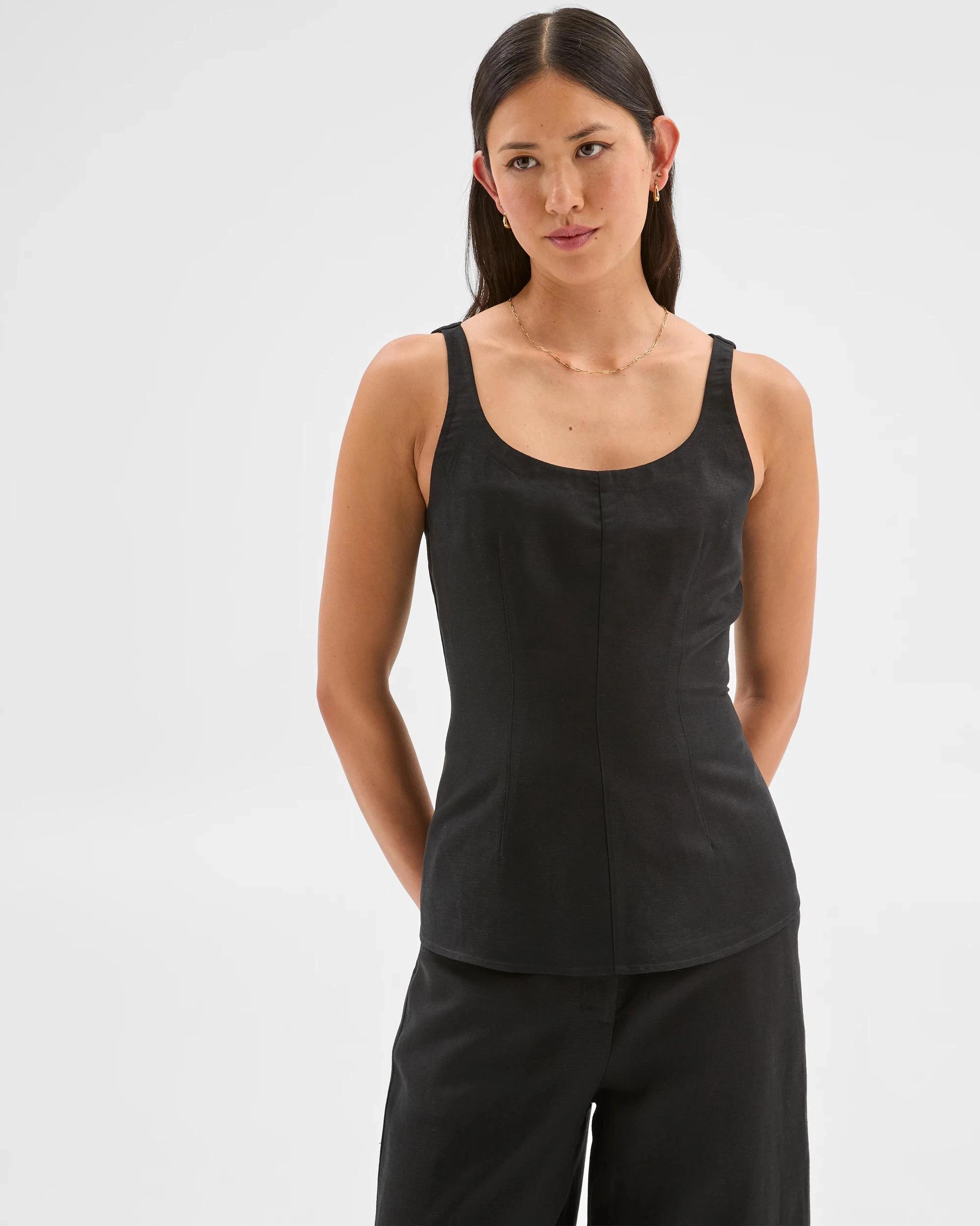 1 Linen Blend Sleeveless Tailored Top - Preview BLACK, 1 of 6