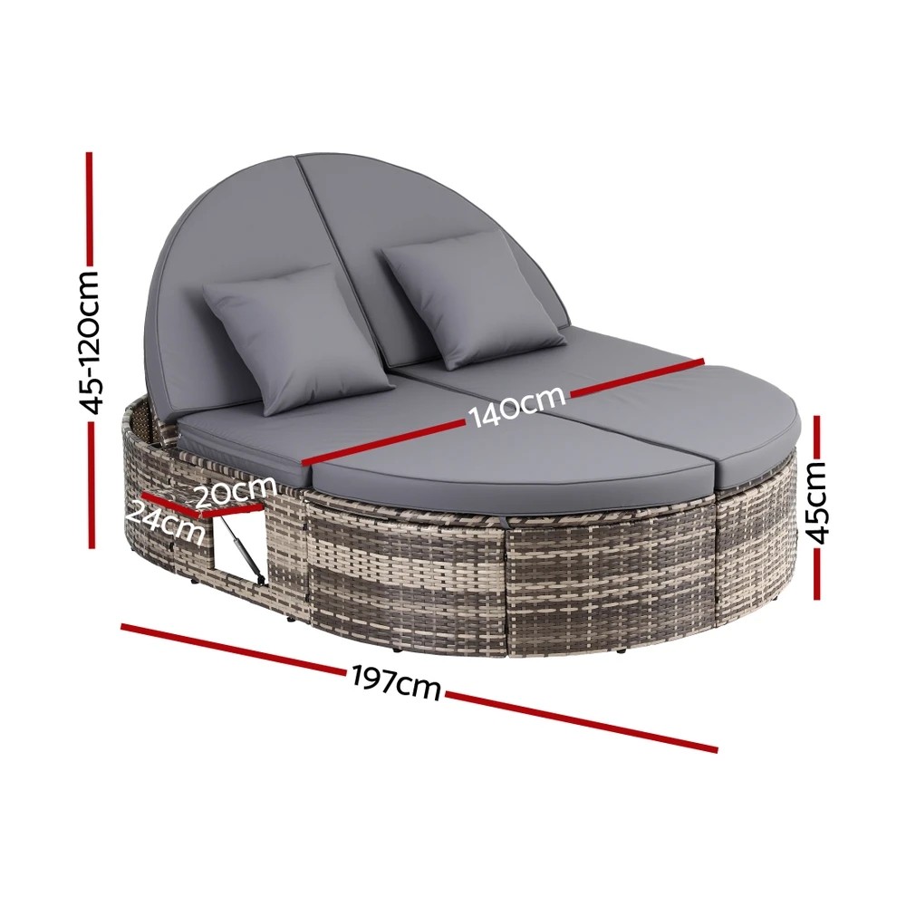 2 Gardeon Outdoor Day Bed Sun Lounge Setting Wicker Lounger Patio Furniture w/ Retractable - Grey, 2 of 7