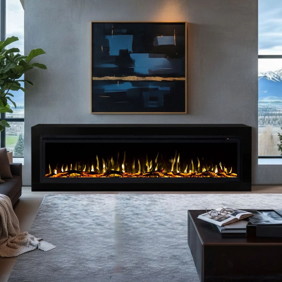 1 Moda Living Concerto 72 inch Electric Fireplace Insert with Horizon Black Mantel Suite - Black, 1 of 5