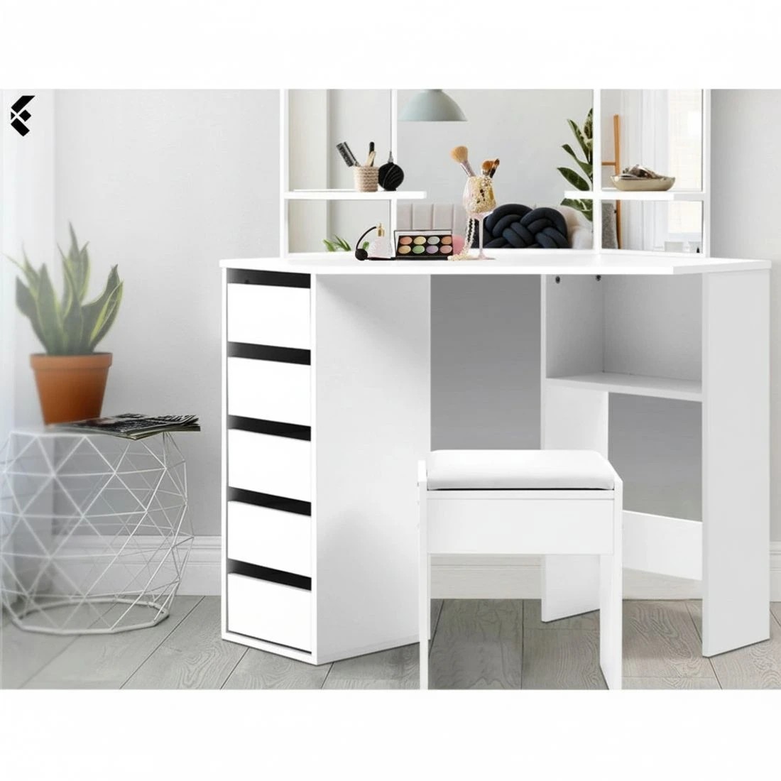 6 Artiss Dressing Table Stool Set Corner 5 Drawers - White, 6 of 8