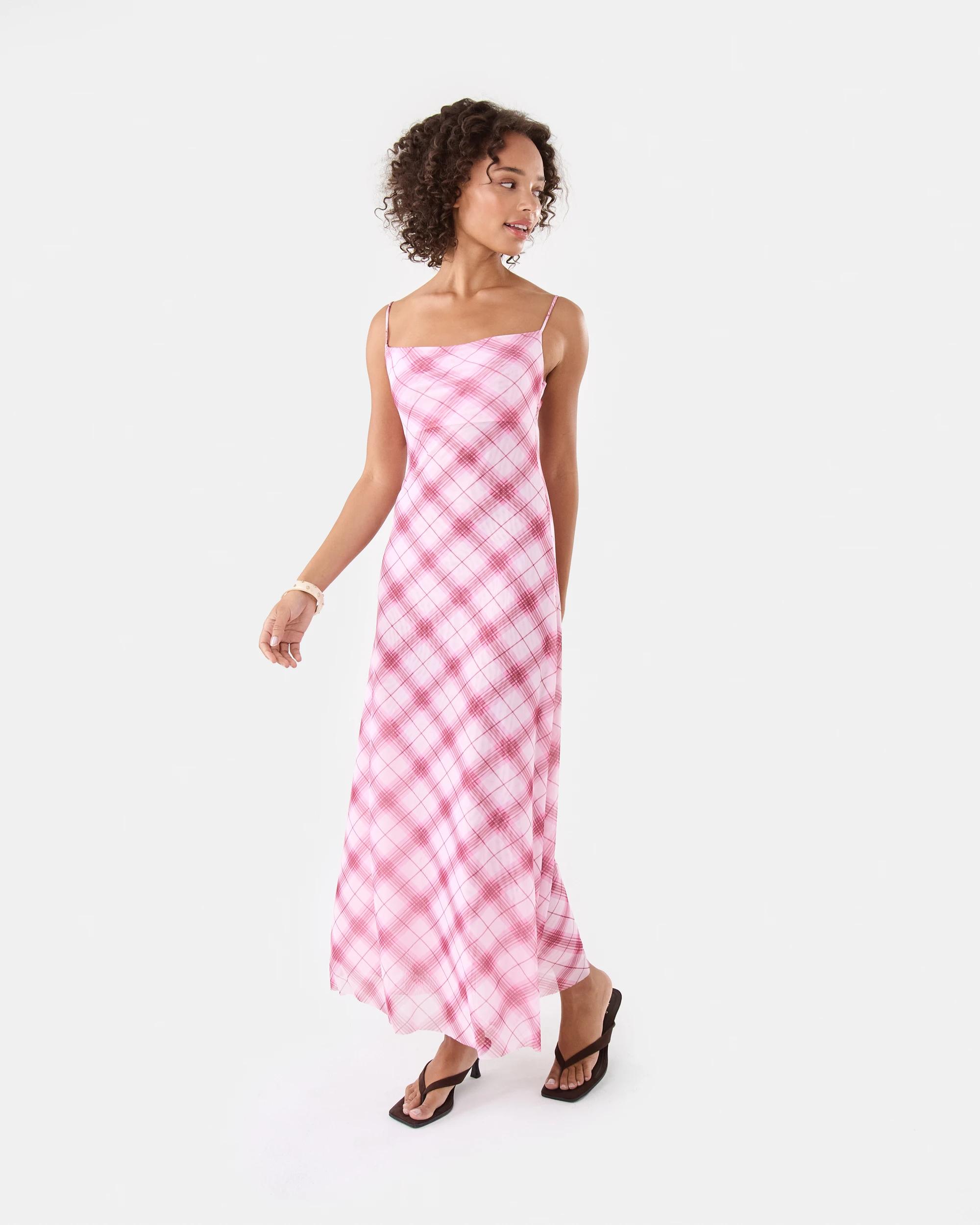 2 Sleeveless Mesh Cowl Neck Maxi Dress Pink Check, 2 of 8