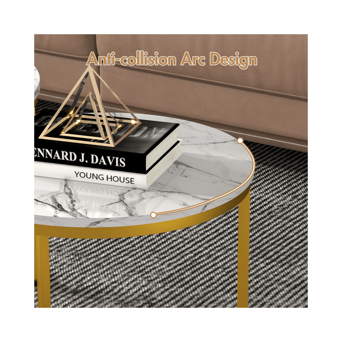 6 Advwin Nesting Coffee Table Marble Finish 65 & 45cm Gold Frame Round White, 6 of 8