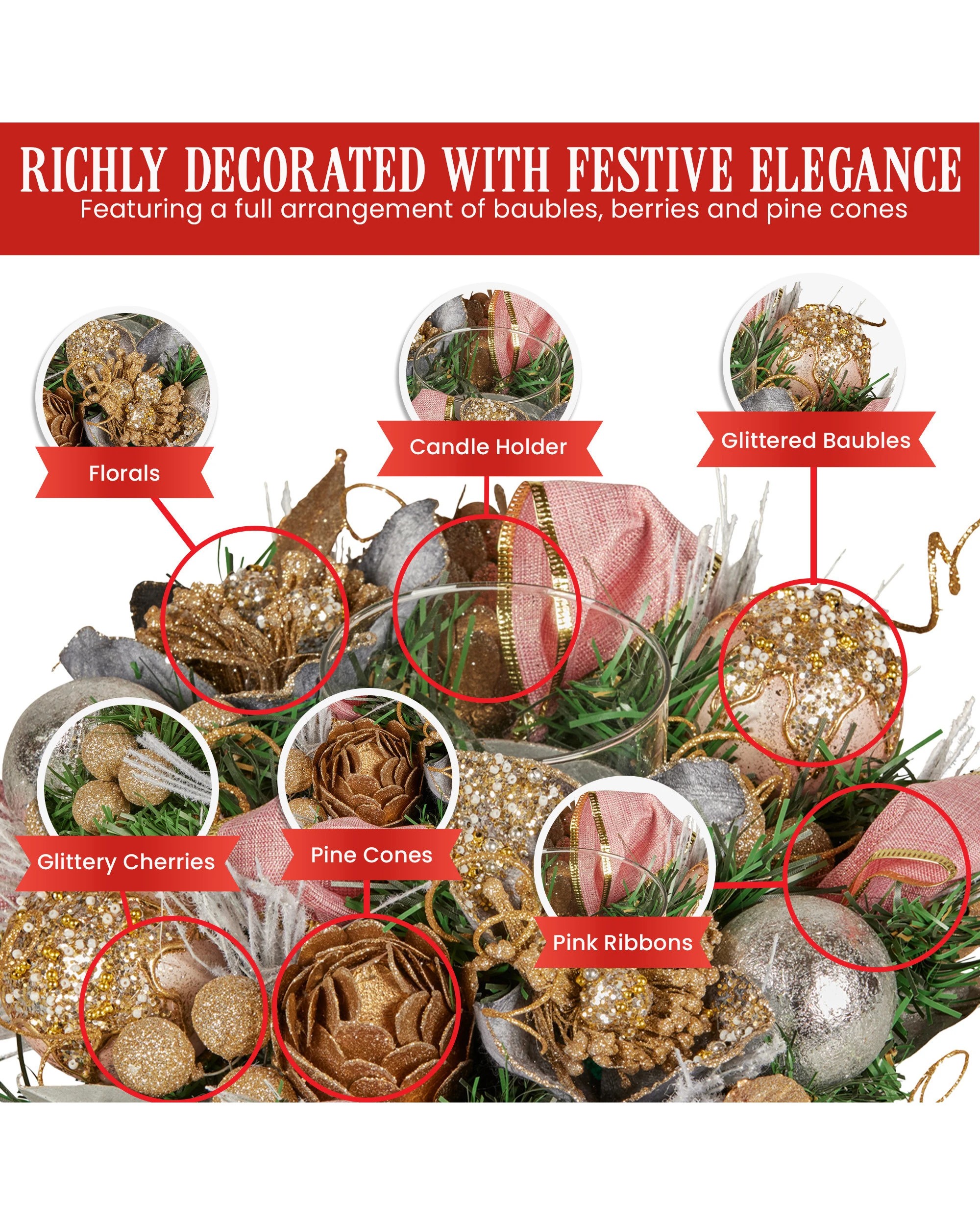 5 Christabelle 26cm Christmas Centrepiece Lush Green Holiday Jewelled Baubles Foliage Flowers Pine Cones Ribbon, 5 of 9