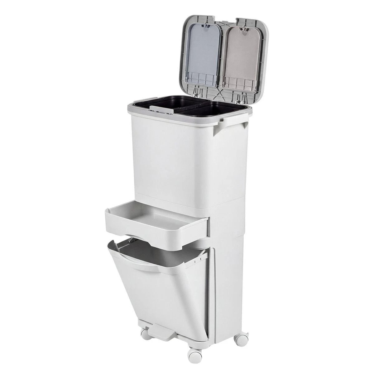 3 Ausway 42L 3 Tier Rubbish Recycling Bin with Wheels 3 Compartment Kitchen Waste Sorter Removable Buckets, 3 of 3
