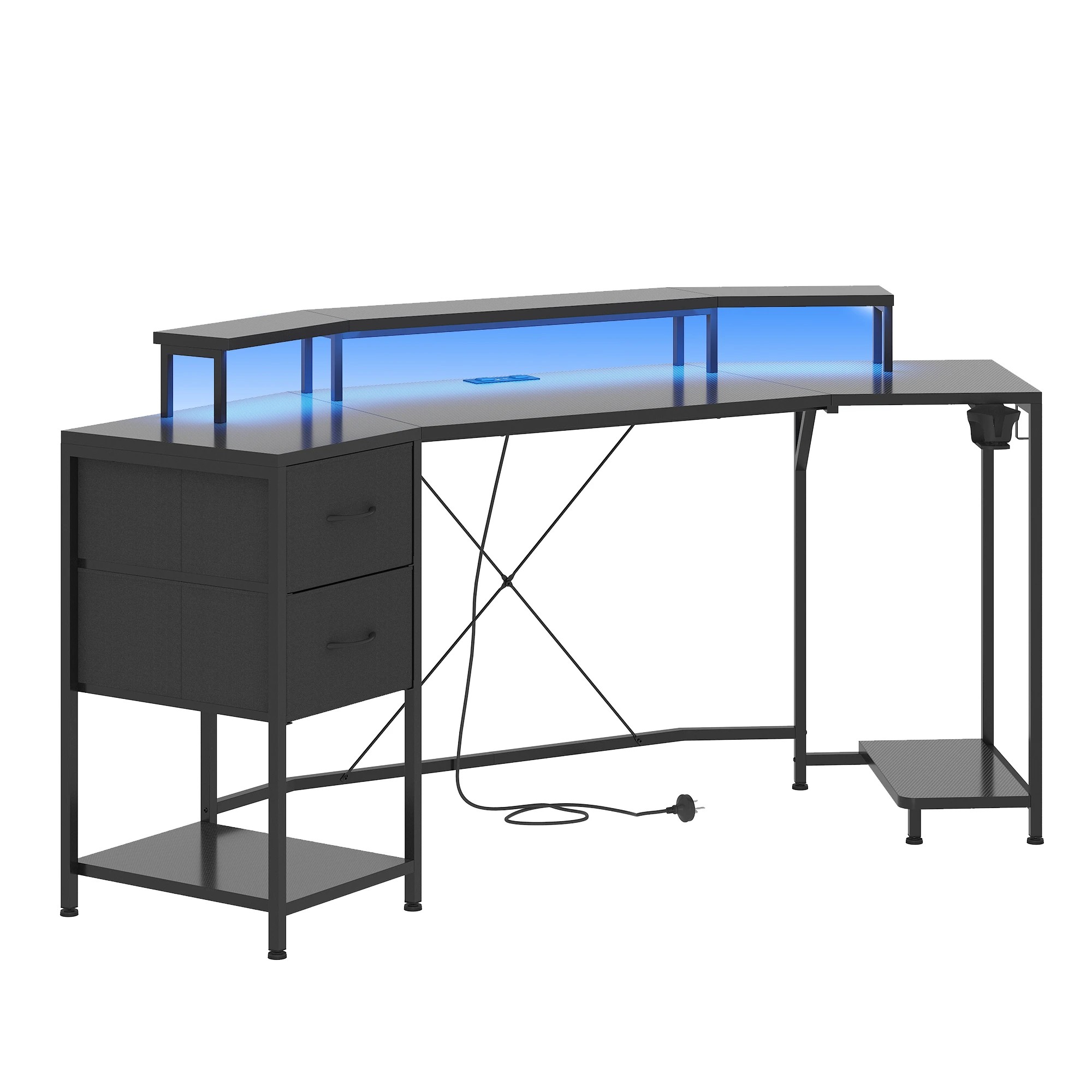 4 Advwin 185cm LED Gaming Desk w/ Power Outlets   Carbon Fiber Computer Desk with PC Stand Shelf & Drawers - Black, 4 of 7