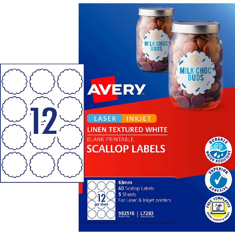 1 Avery 12UP Inkjet Laser Scallop Labels 63mm White 5 Sheets, 1 of 6