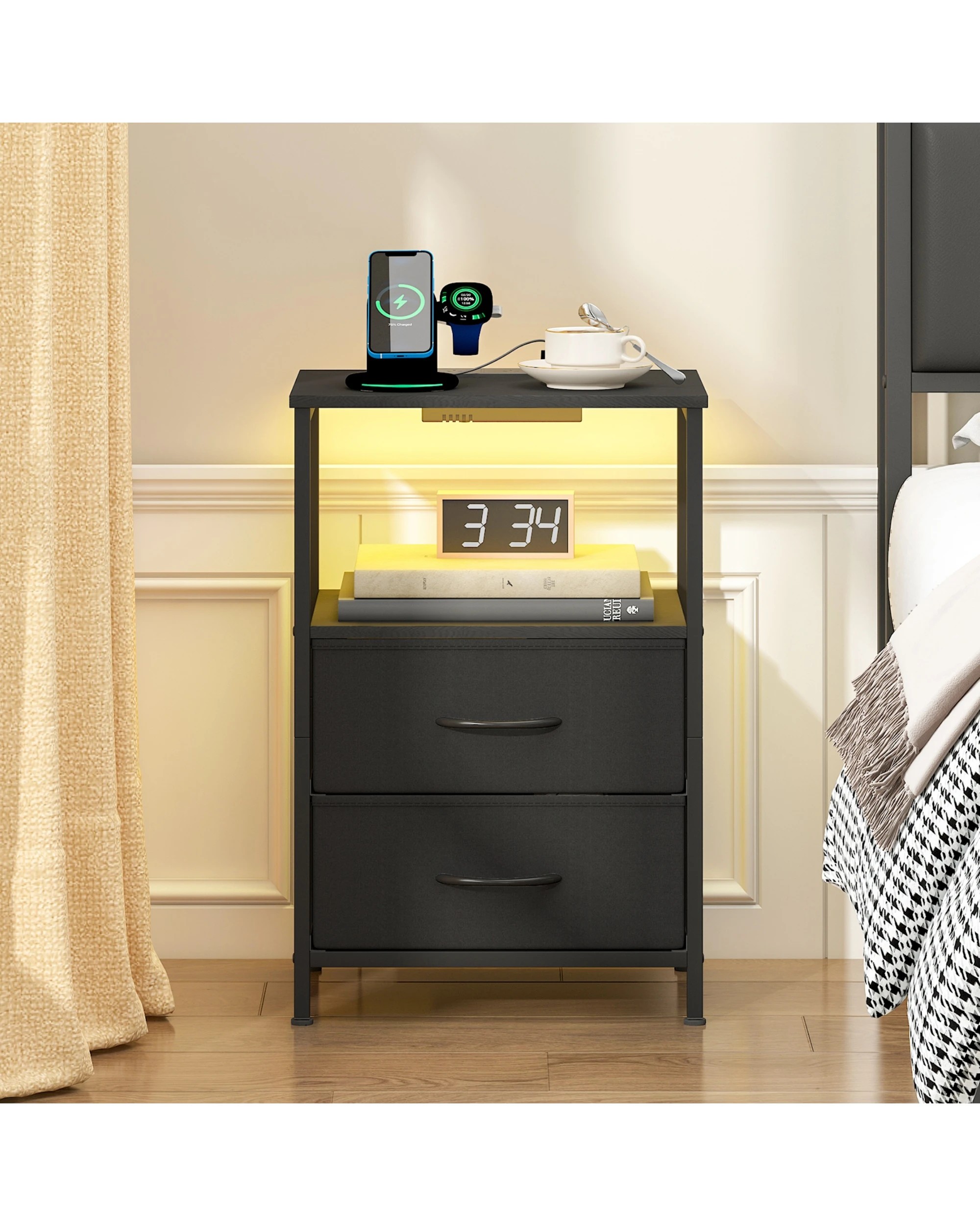 2 Advwin Led Bedside Table Set of 2 with Charging Station 2 Fabric Drawers - Black, 2 of 5