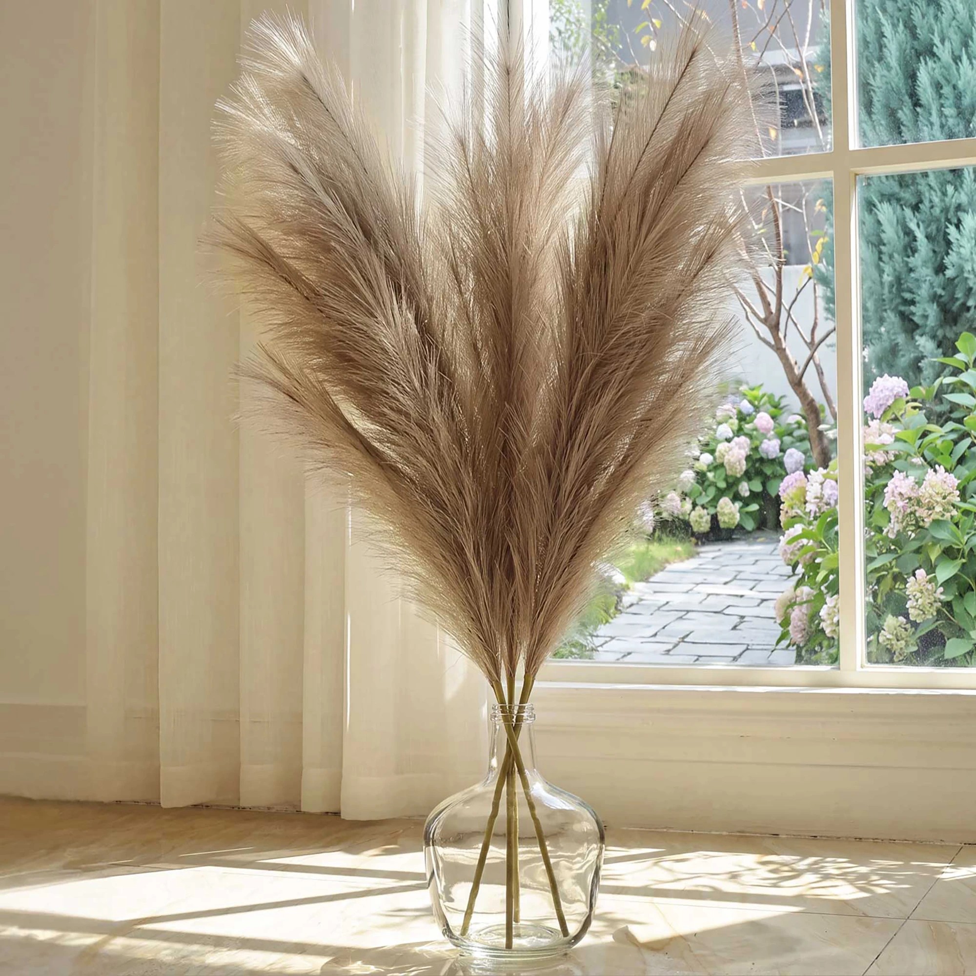 7 3Pcs Pampas Grass Artificial 116cm Fluffy Faux Silk for Vase Brown, 7 of 8