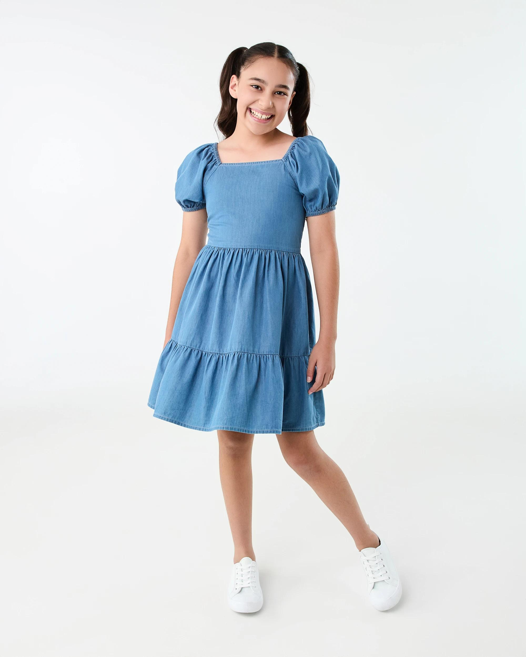 8 Puff Sleeve Woven Dress Mid Wash, 8 of 9