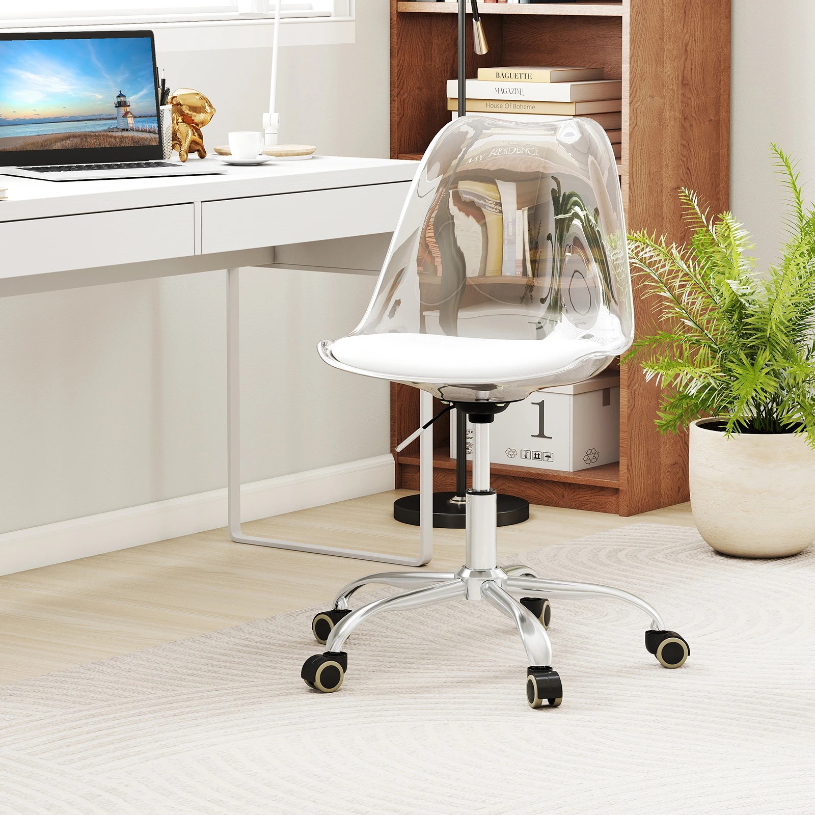 3 Costway Clear Desk Chair Mobile Home Office Chair Vanity Chair Adjustable Swivel Seat Stool, 3 of 4