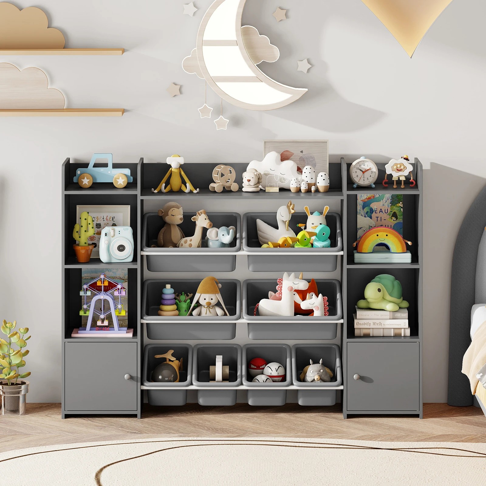 3 Costway Toy Storage Organiser Bookcase Toy Display Shelf w/& Plastic Bins - Grey, 3 of 4