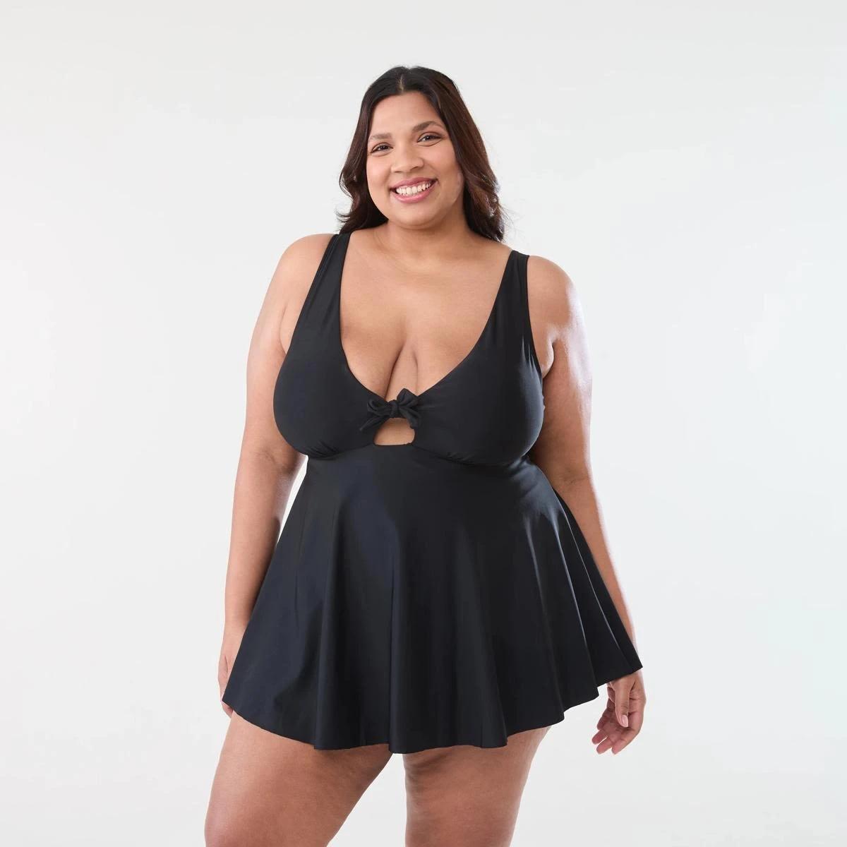 1 Curve Tie Front Skirted One Piece Swimsuit BLACK, 1 of 5