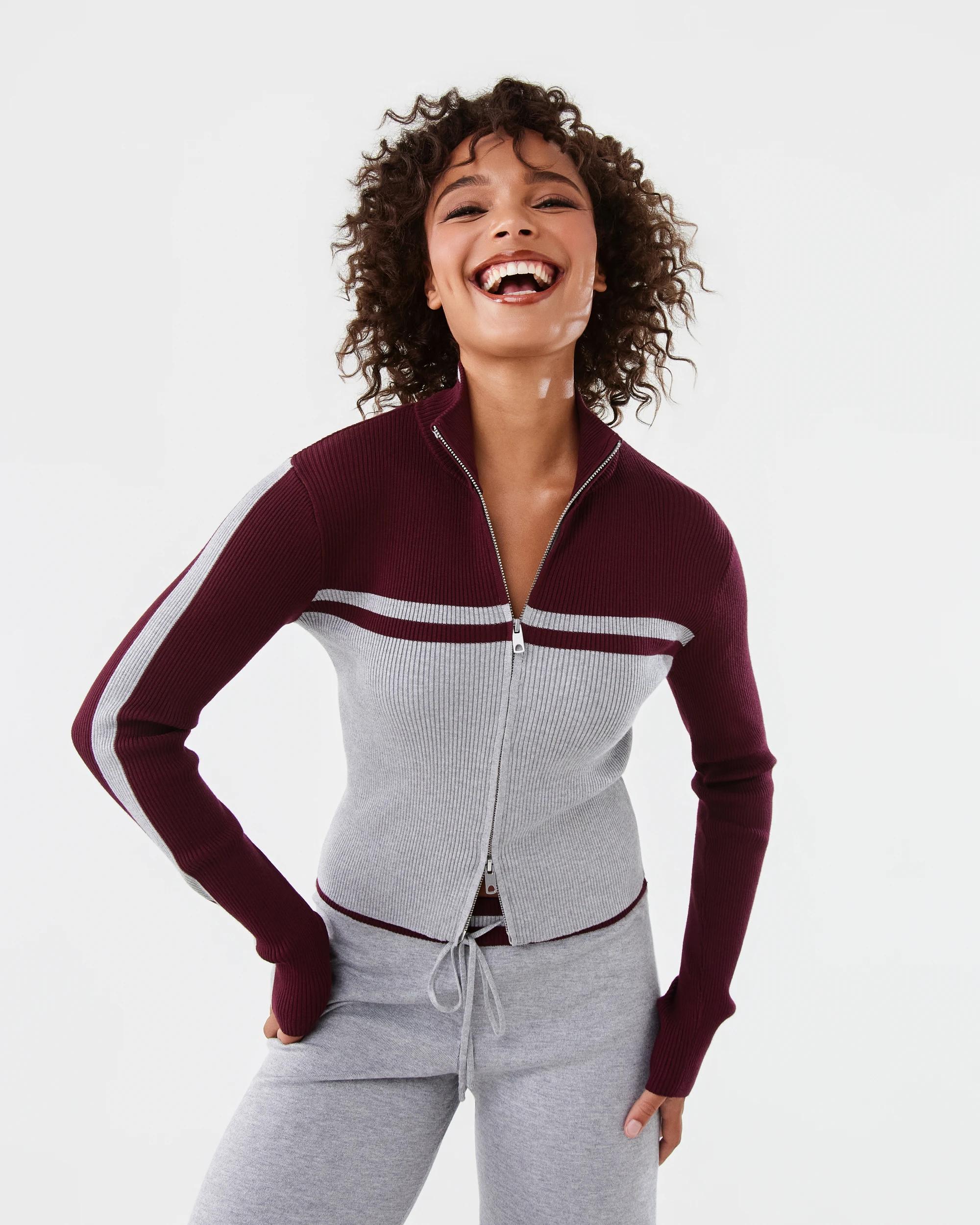 1 Stripe Knit Zip Up Grey Marle, 1 of 10