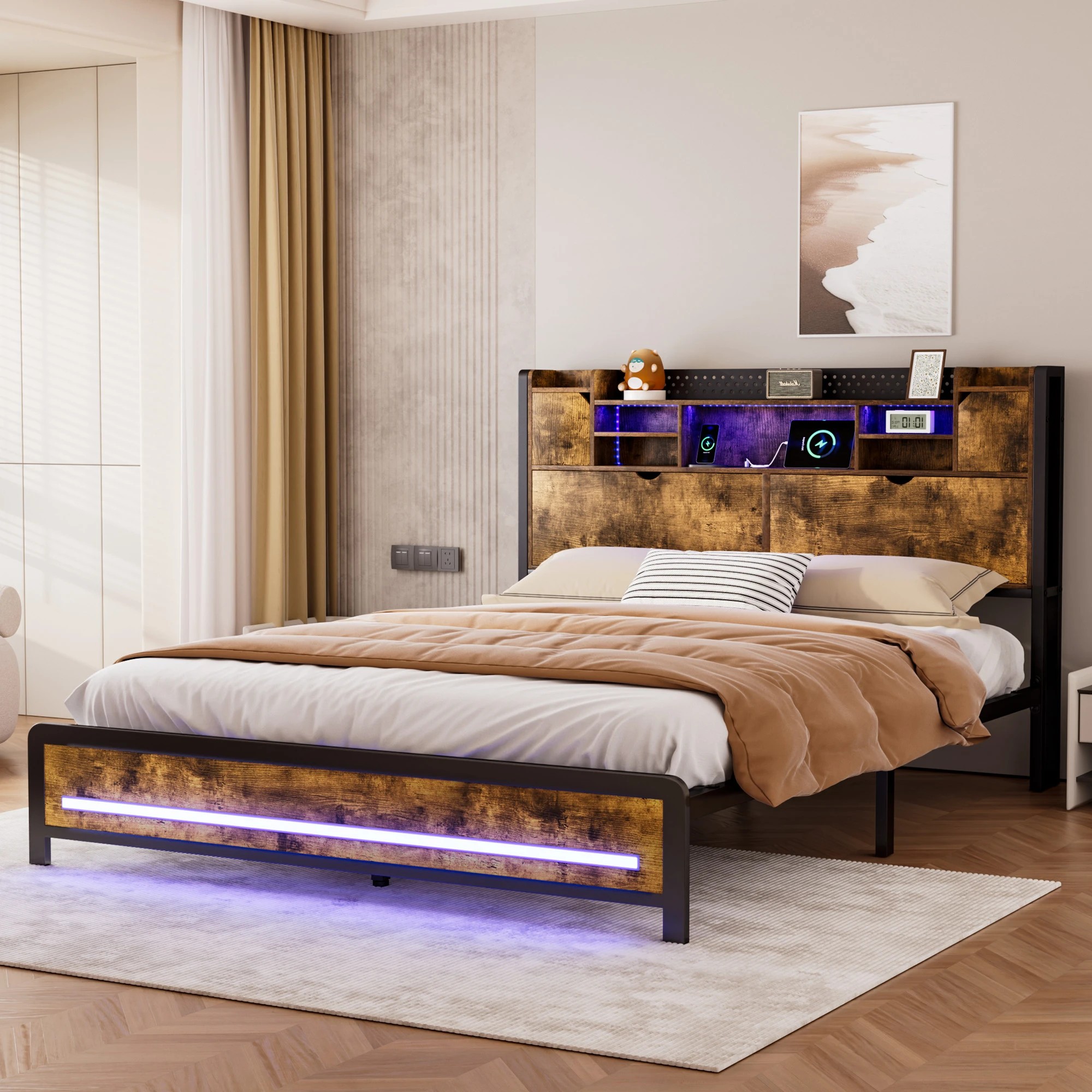 7 Levede Double Size Bed Frame Industrial with LED Charging Station and Storage Bedhead, 7 of 9