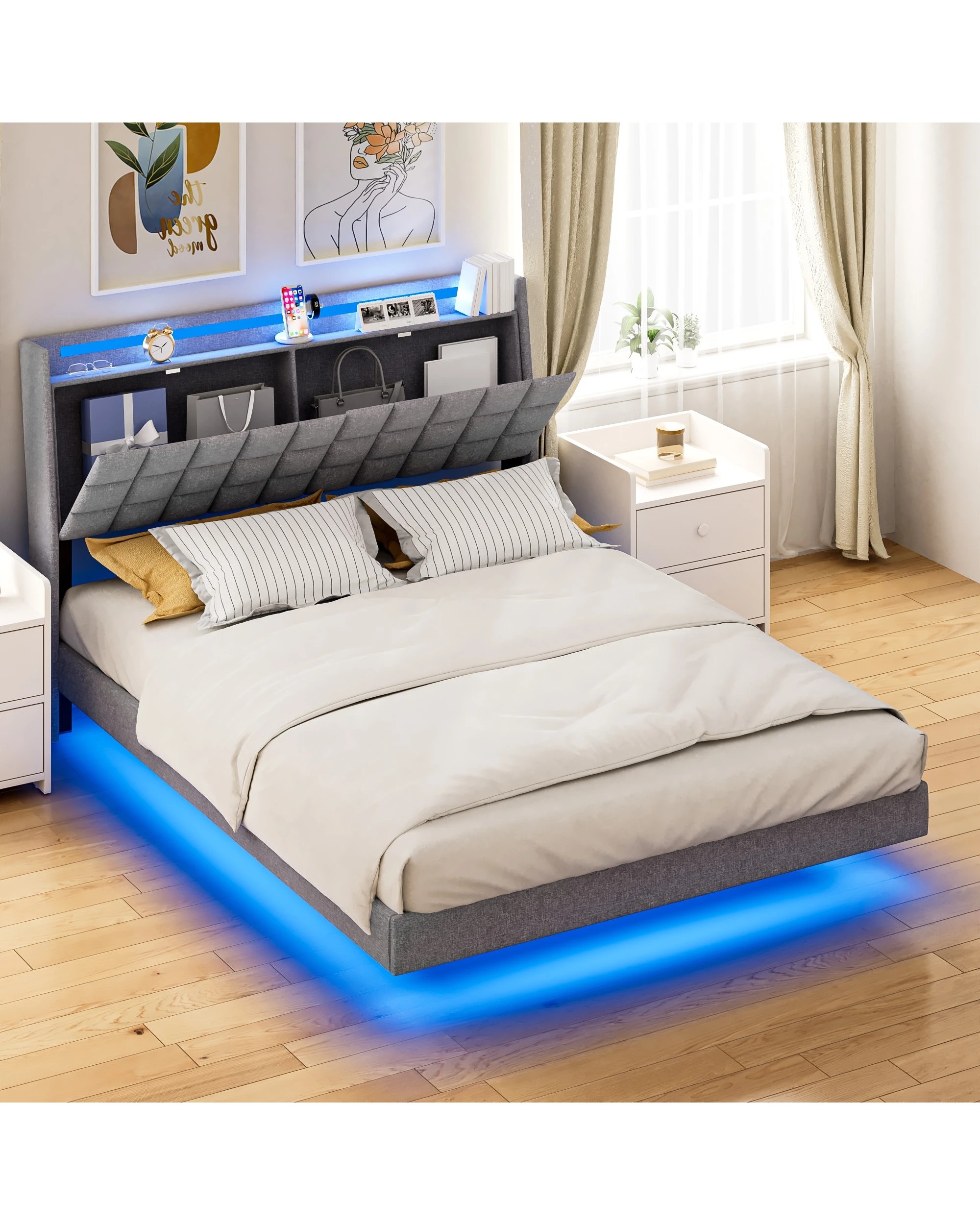 2 Advwin Double Floating Bed Frame with LED Lights and Storage Headboard - Grey, 2 of 5