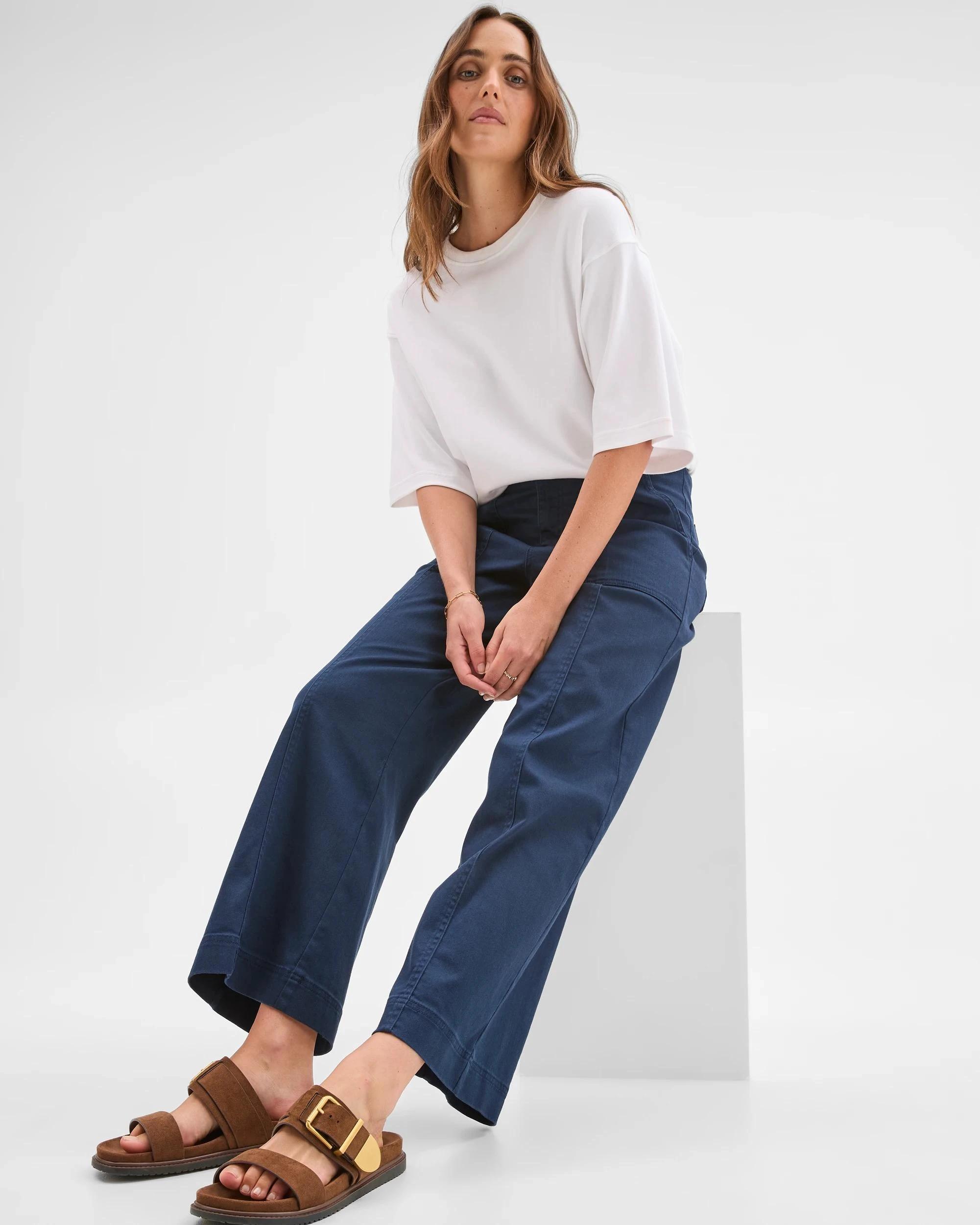 6 Target Woman Australian Cotton Blend Stretch Twill Wide Leg Pants NAVY, 6 of 7