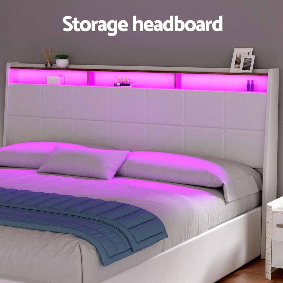 6 Artiss Bed Frame Gas Lift LED Beds Base Platform  PVC Leather Storage Headboard - White, 6 of 6