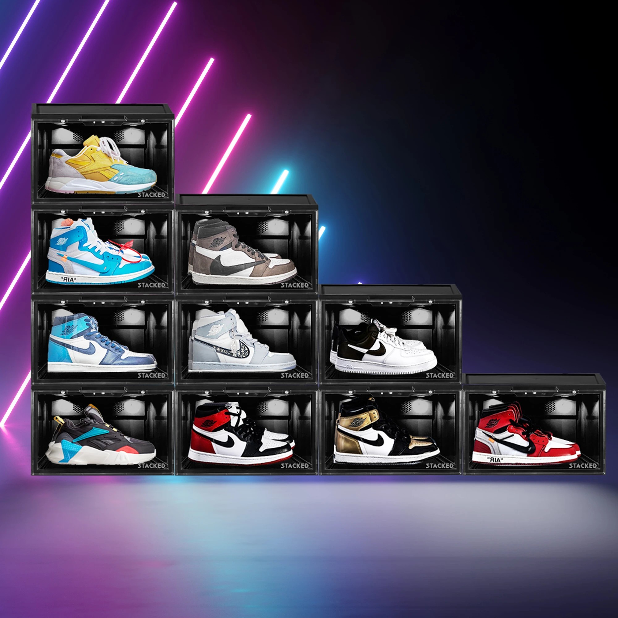 7 Stacked 10PCS Black Plastic Display Shoe Box with LED Lights - Black, 7 of 8