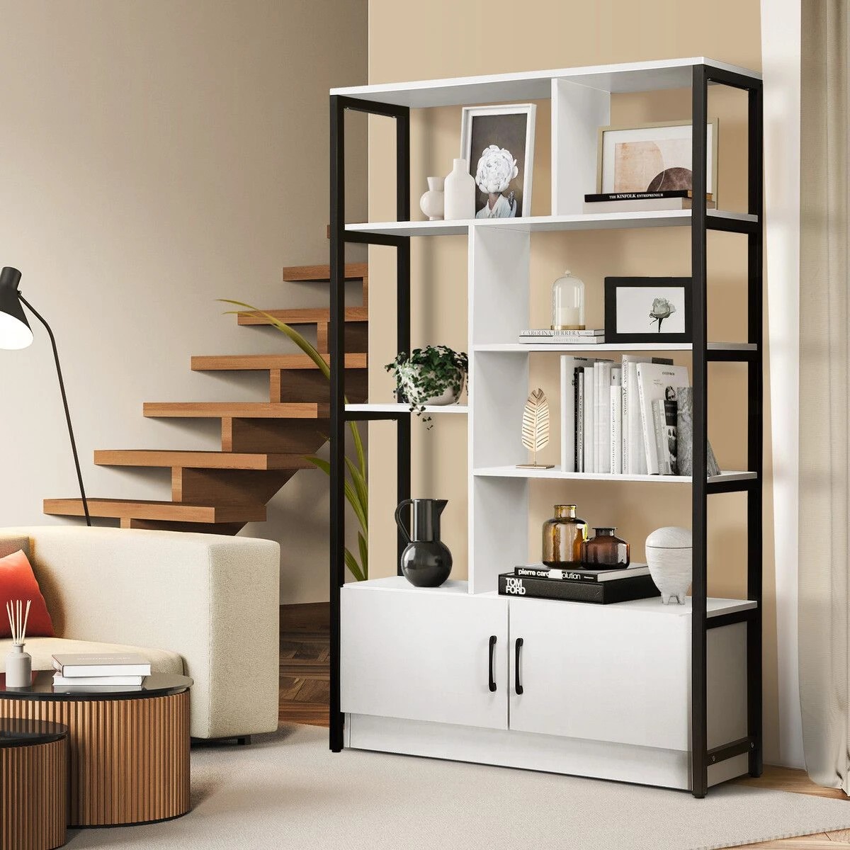 4 LUXSUITE 5 Tier Display Shelf Bookshelf Storage Cabinet Rack with 2 Lockable Doors, 4 of 9