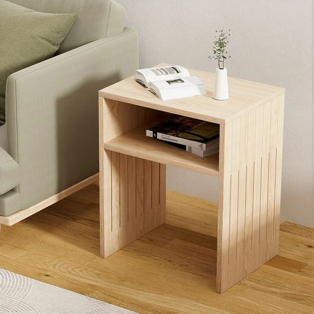 4 Artiss Coffee Table Storage Shelf Fluted Side Pine - Natural, 4 of 6